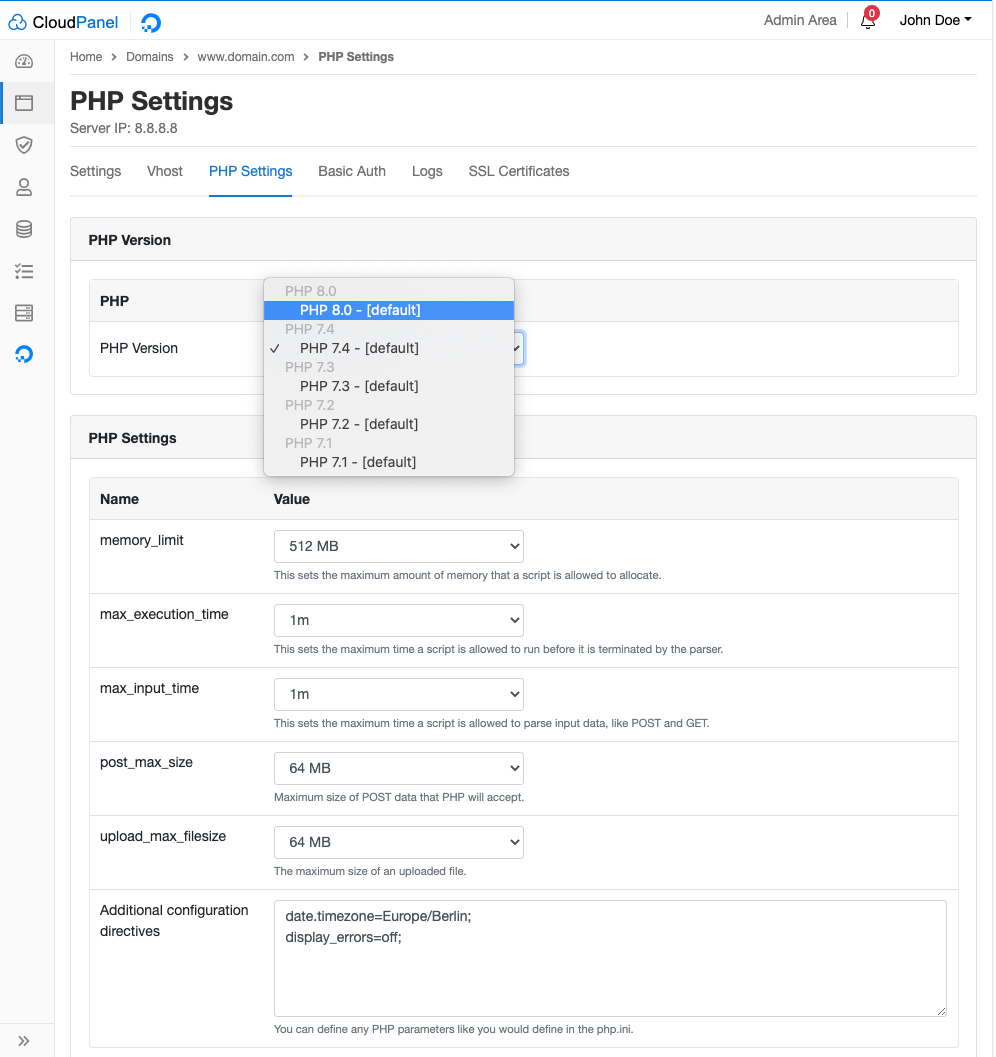 PHP Version update for existing Domains.