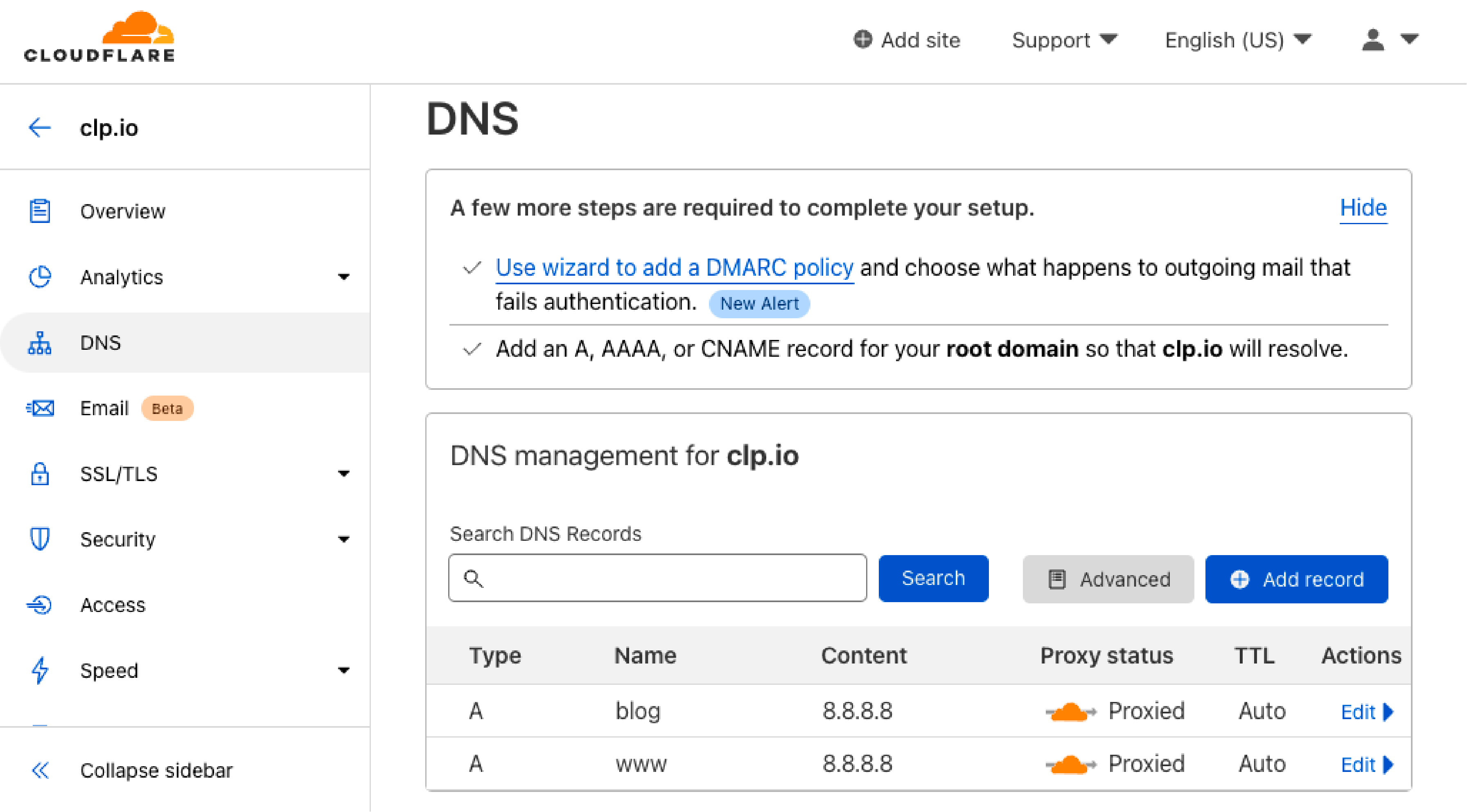 Cloudflare user interface with proxy settings being enabled