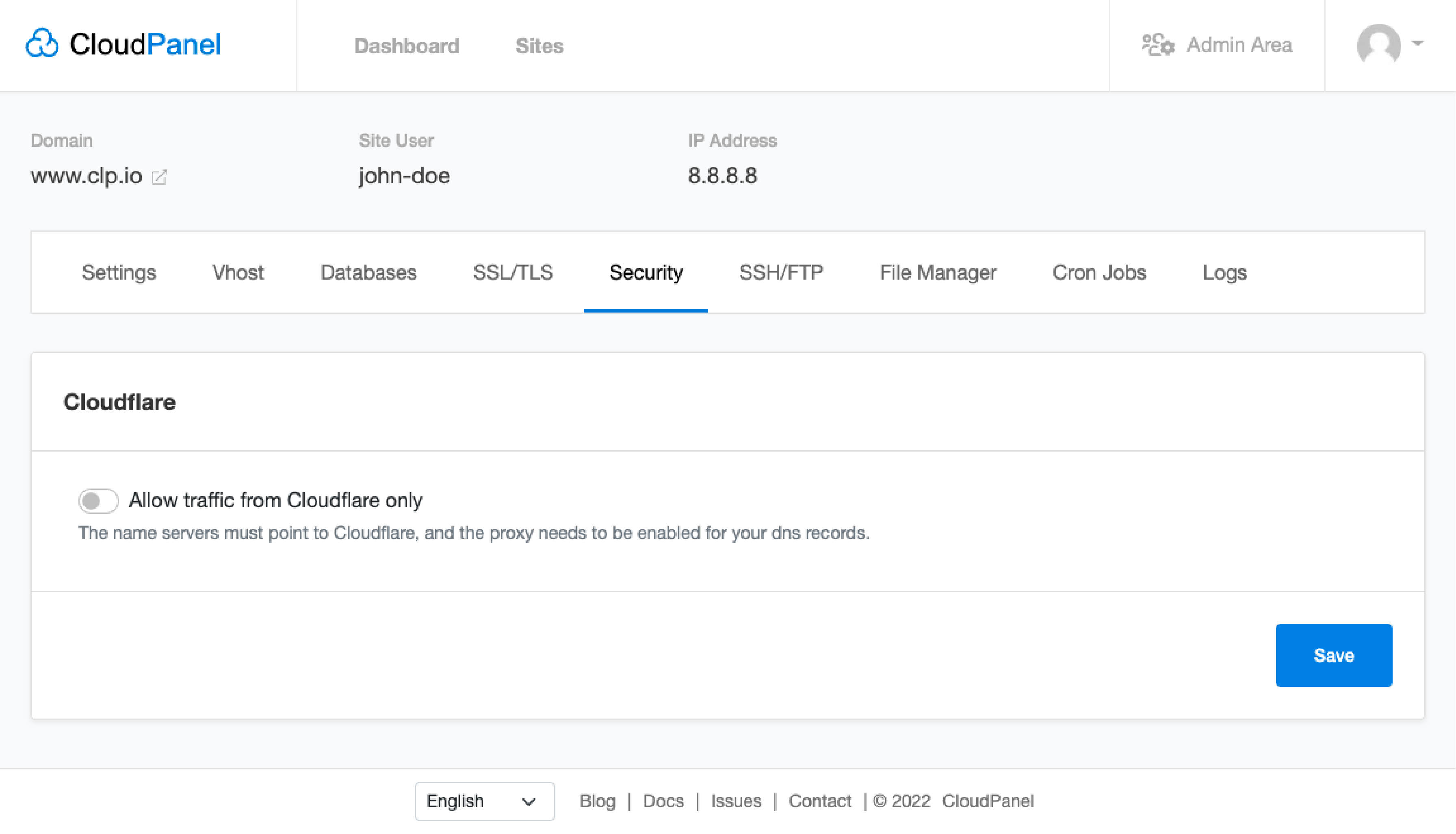 User interface of CloudPanel showing Cloudflare setup options