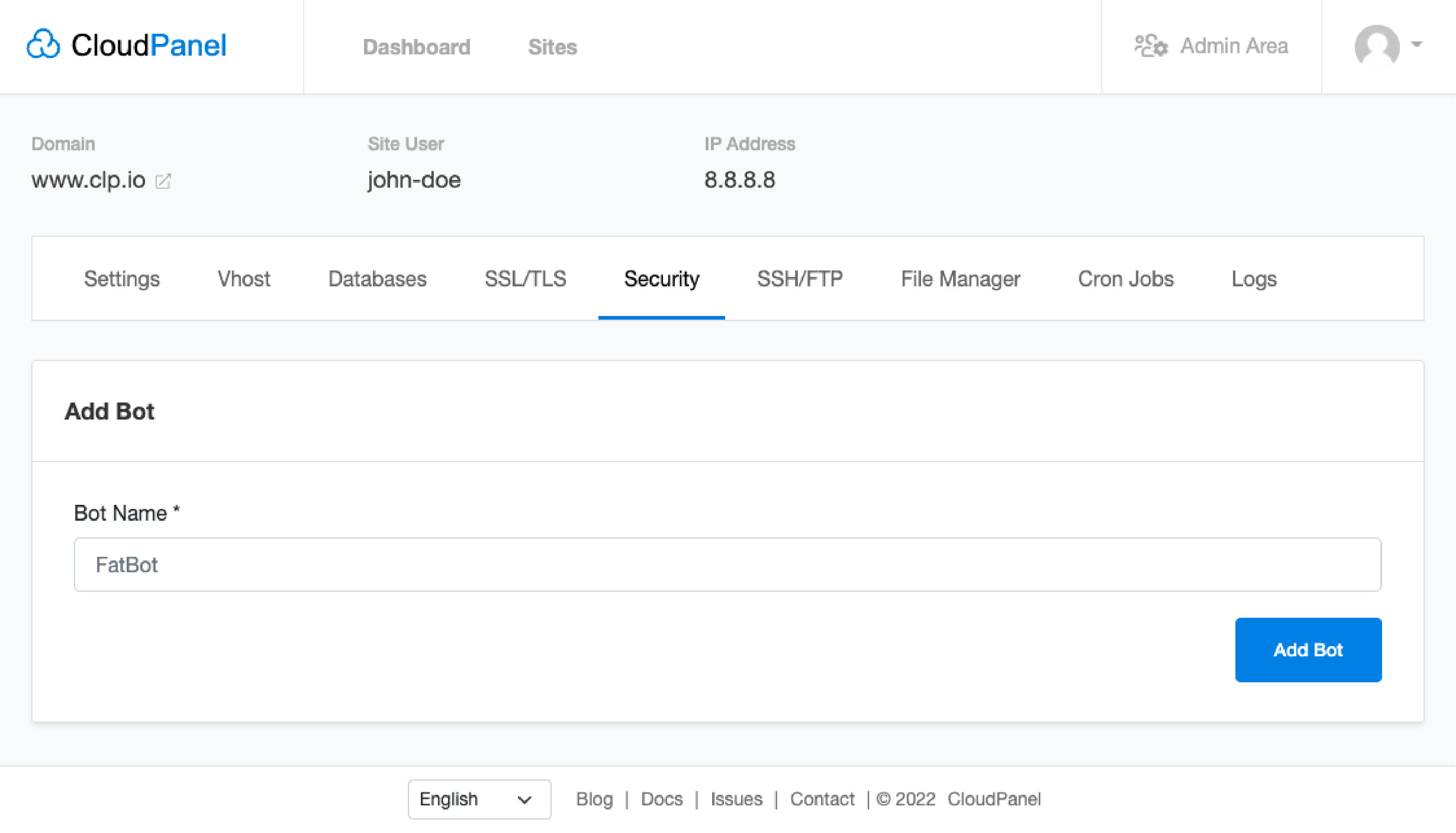 CloudPanel interface used for blocking malicious bots