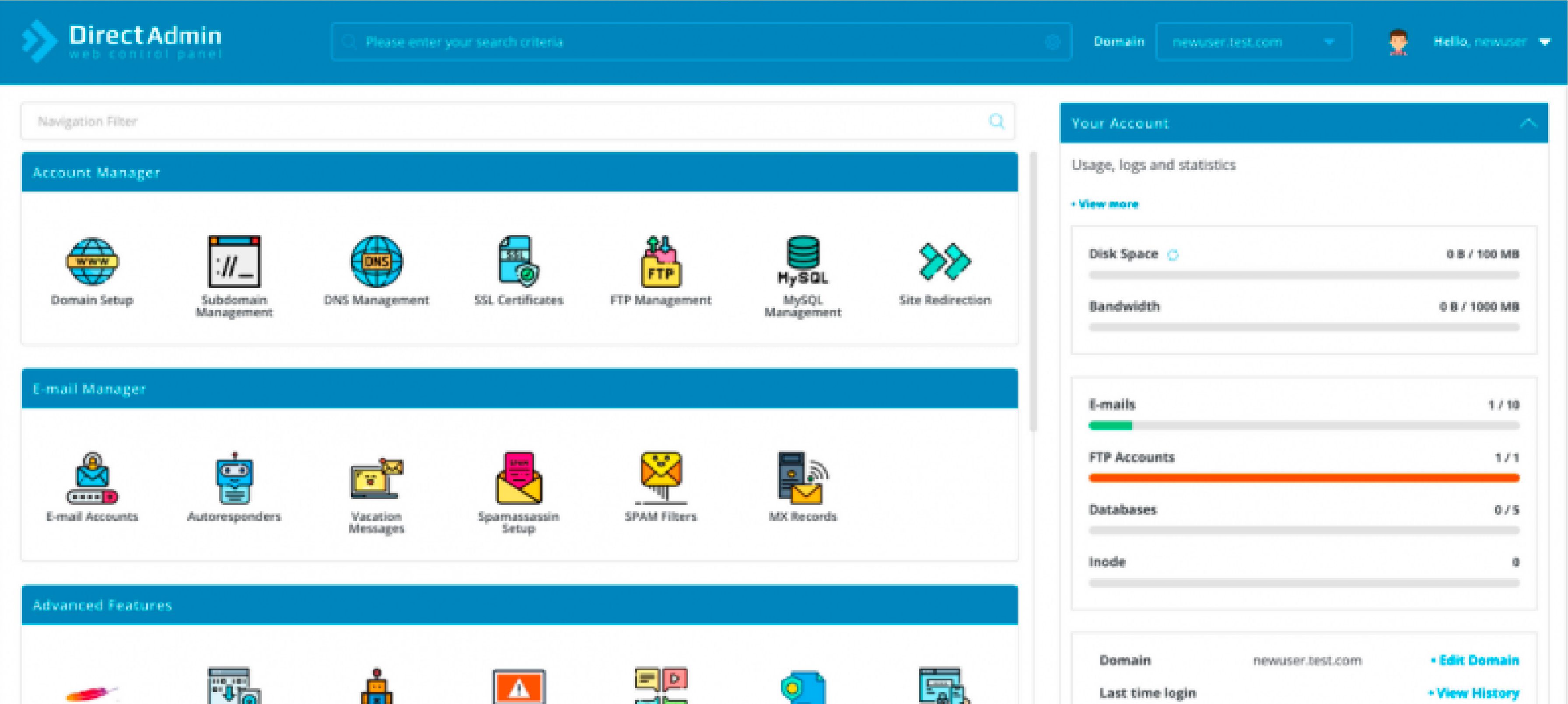 DirectAdmin control panel showing email and database management tools