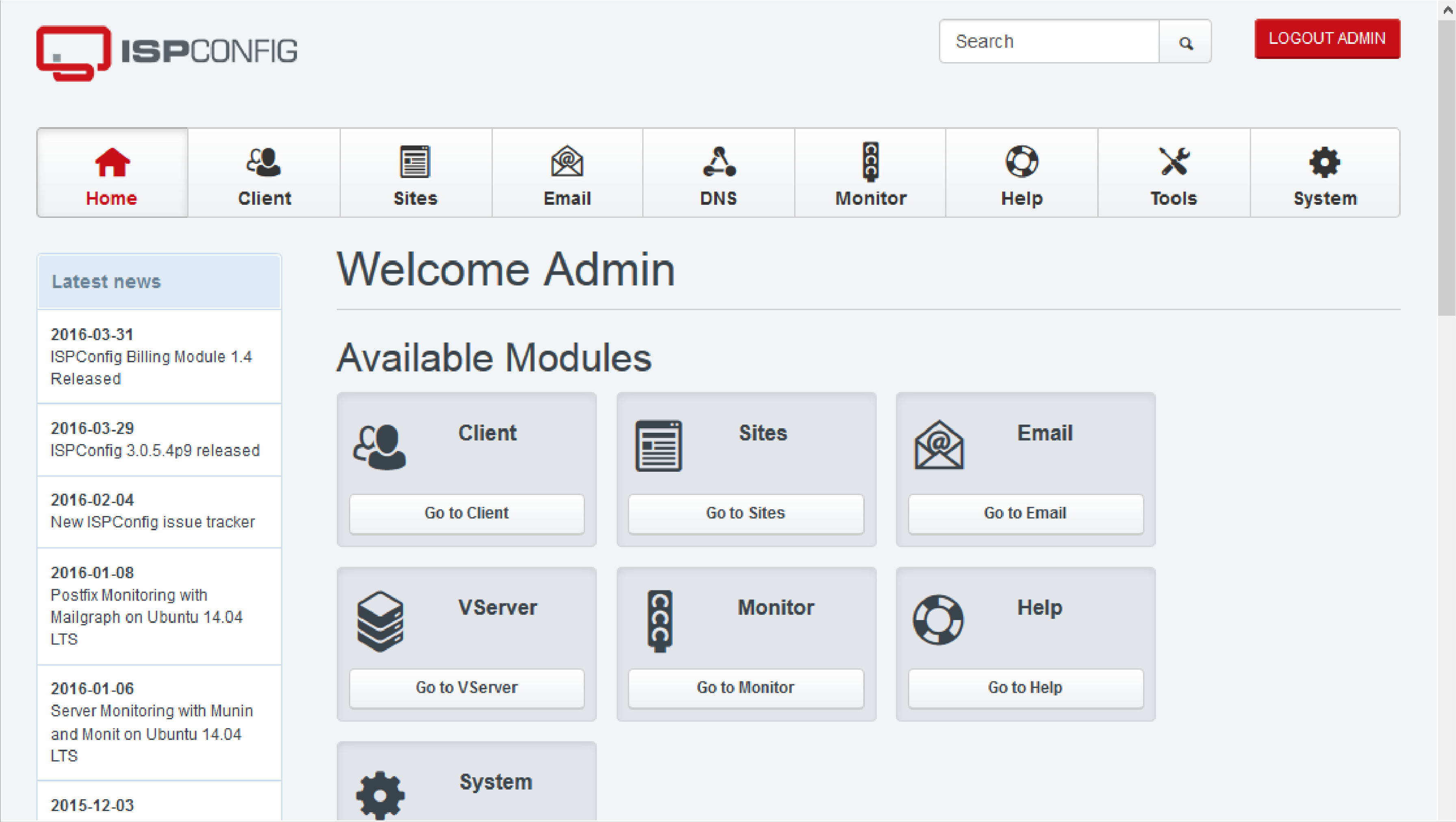 ISPConfig hosting control panel dashboard with features