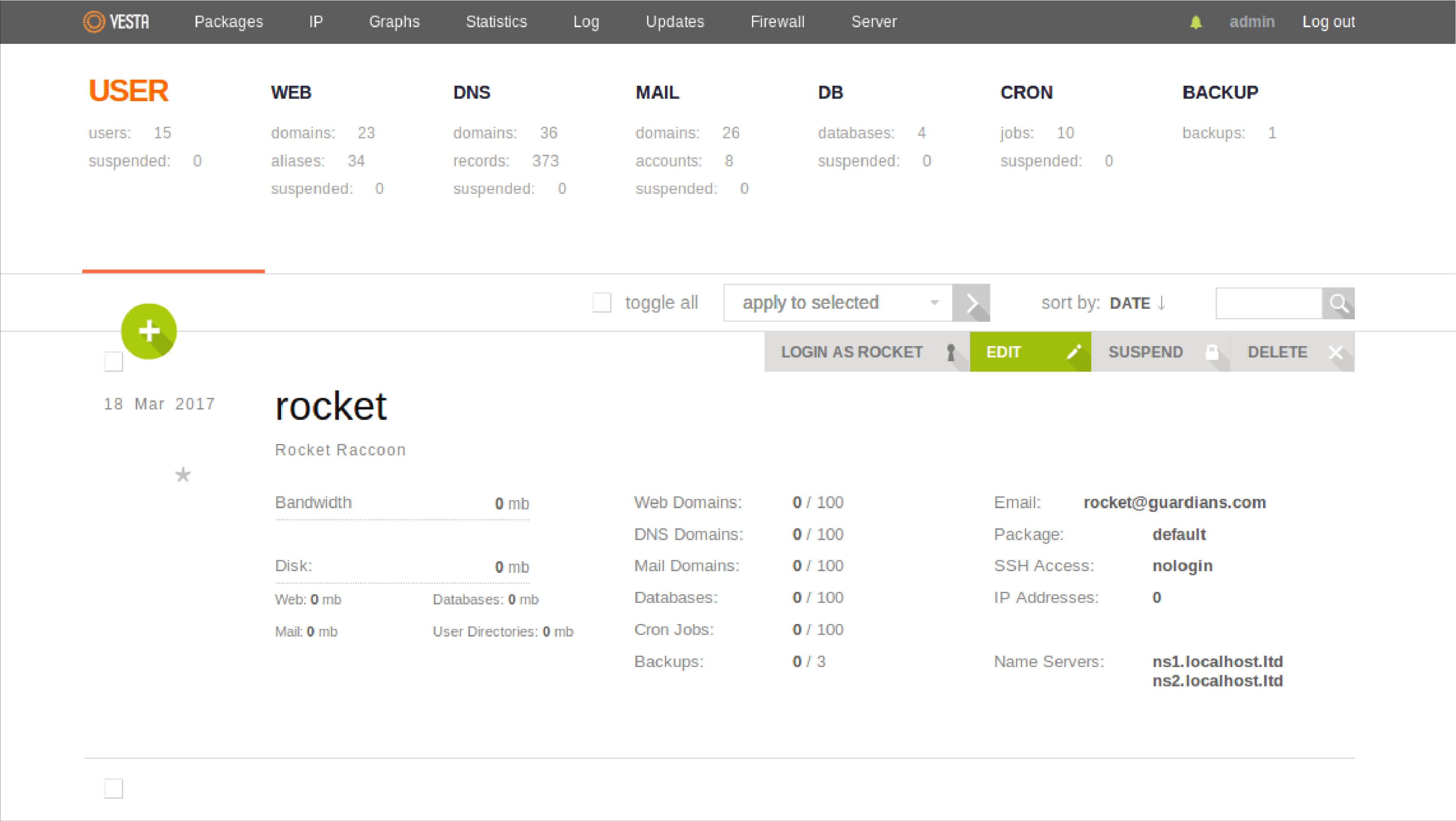 Vesta hosting control panel with automatic backup and update features