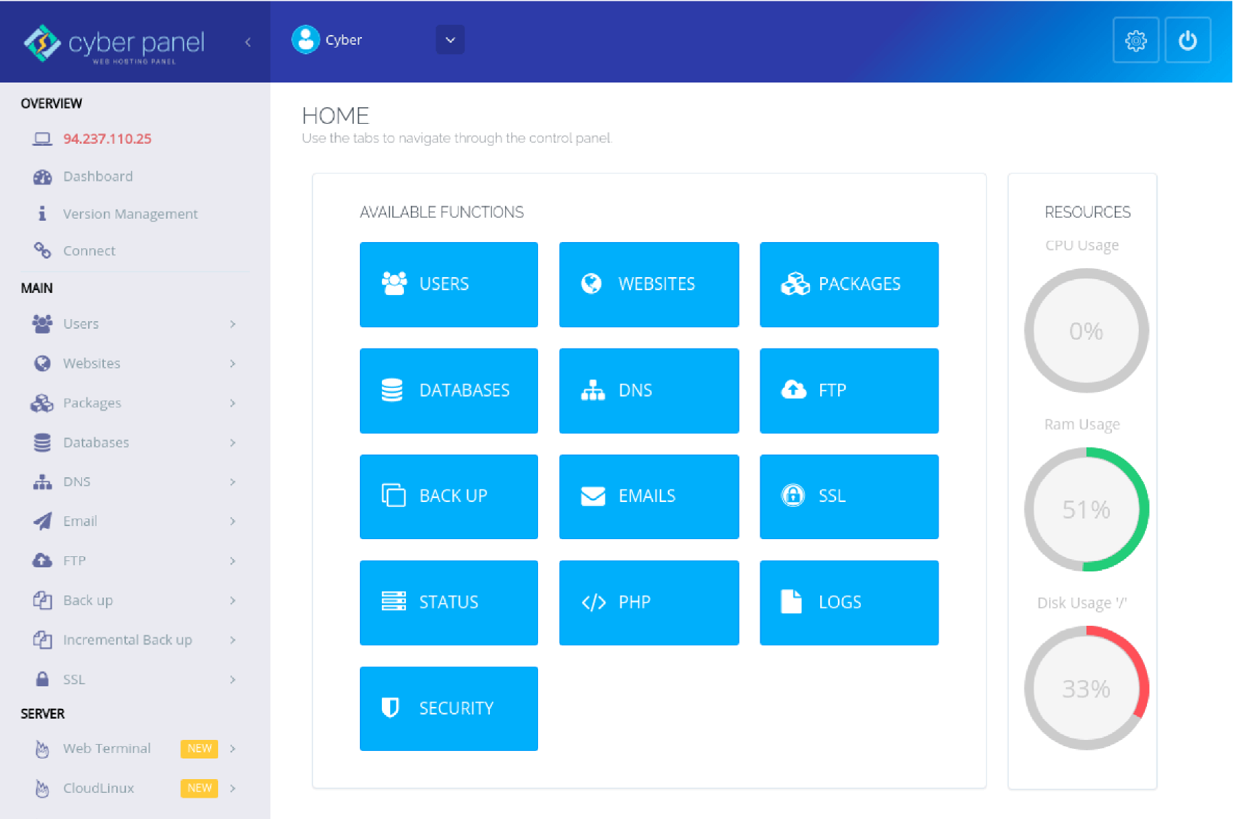 CyberPanel Dashboard for VPS Administration