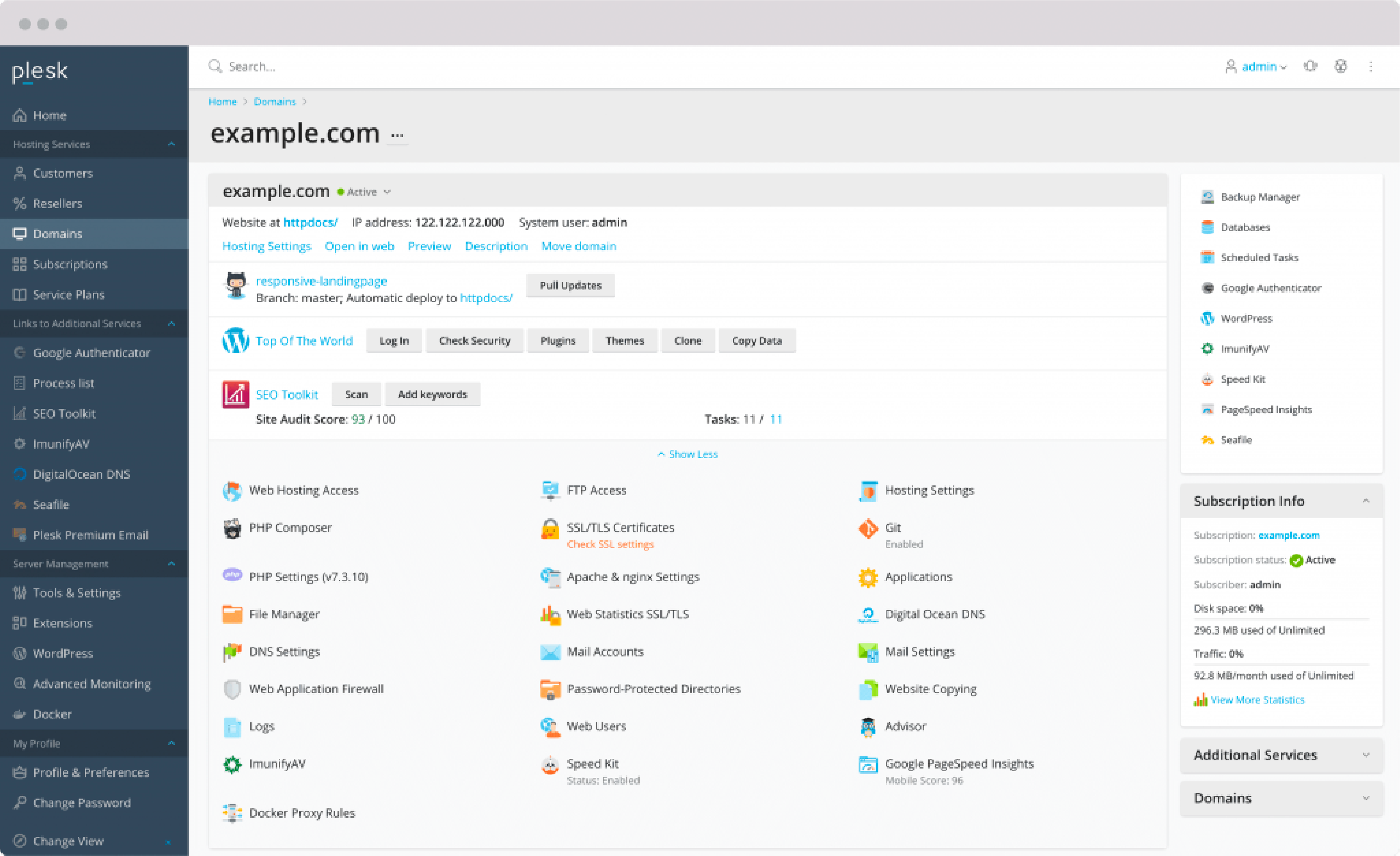 Plesk dashboard interface showing comprehensive web hosting management tools.