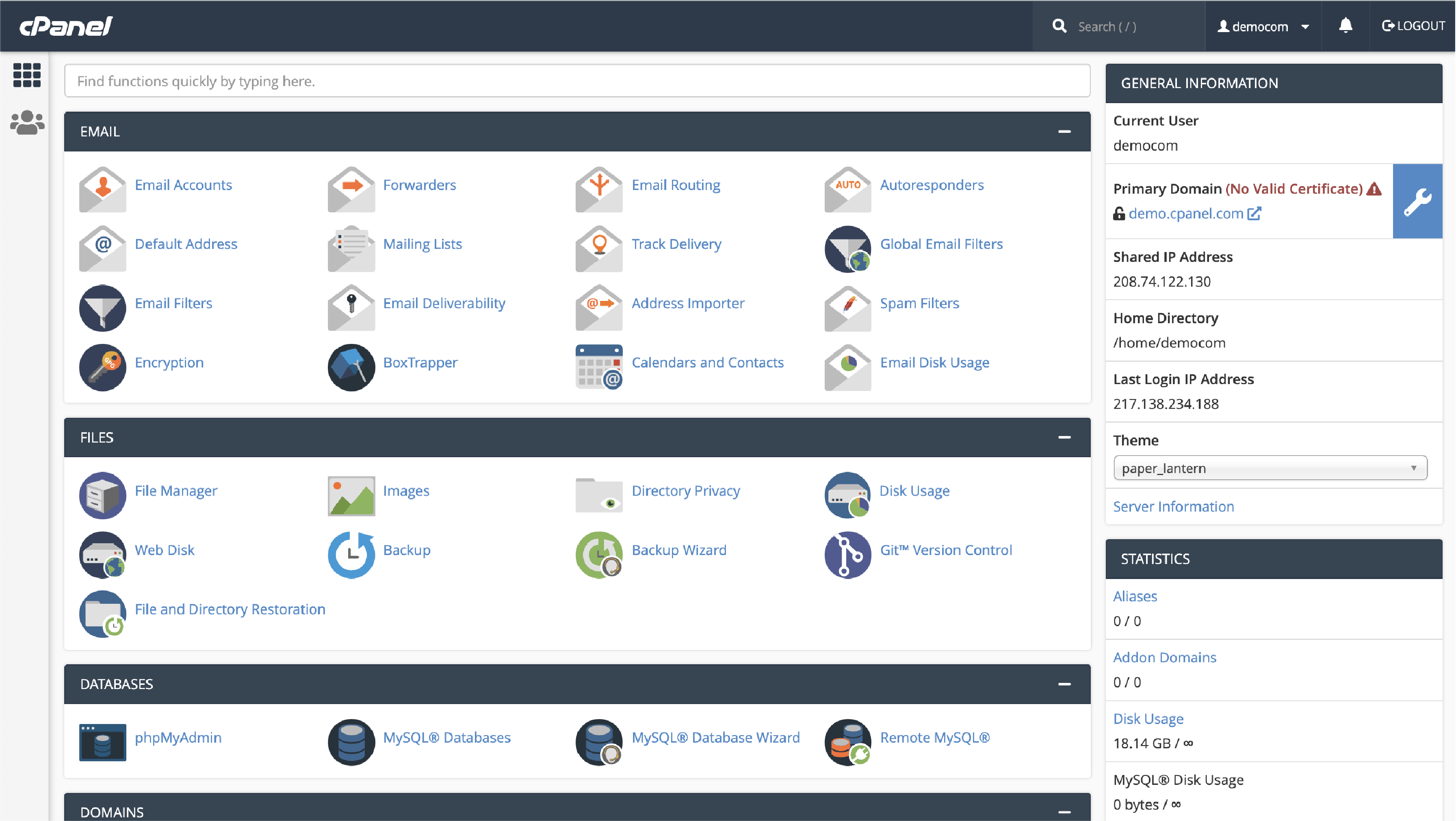 cPanel dashboard with various tools for managing websites, databases, and email accounts.