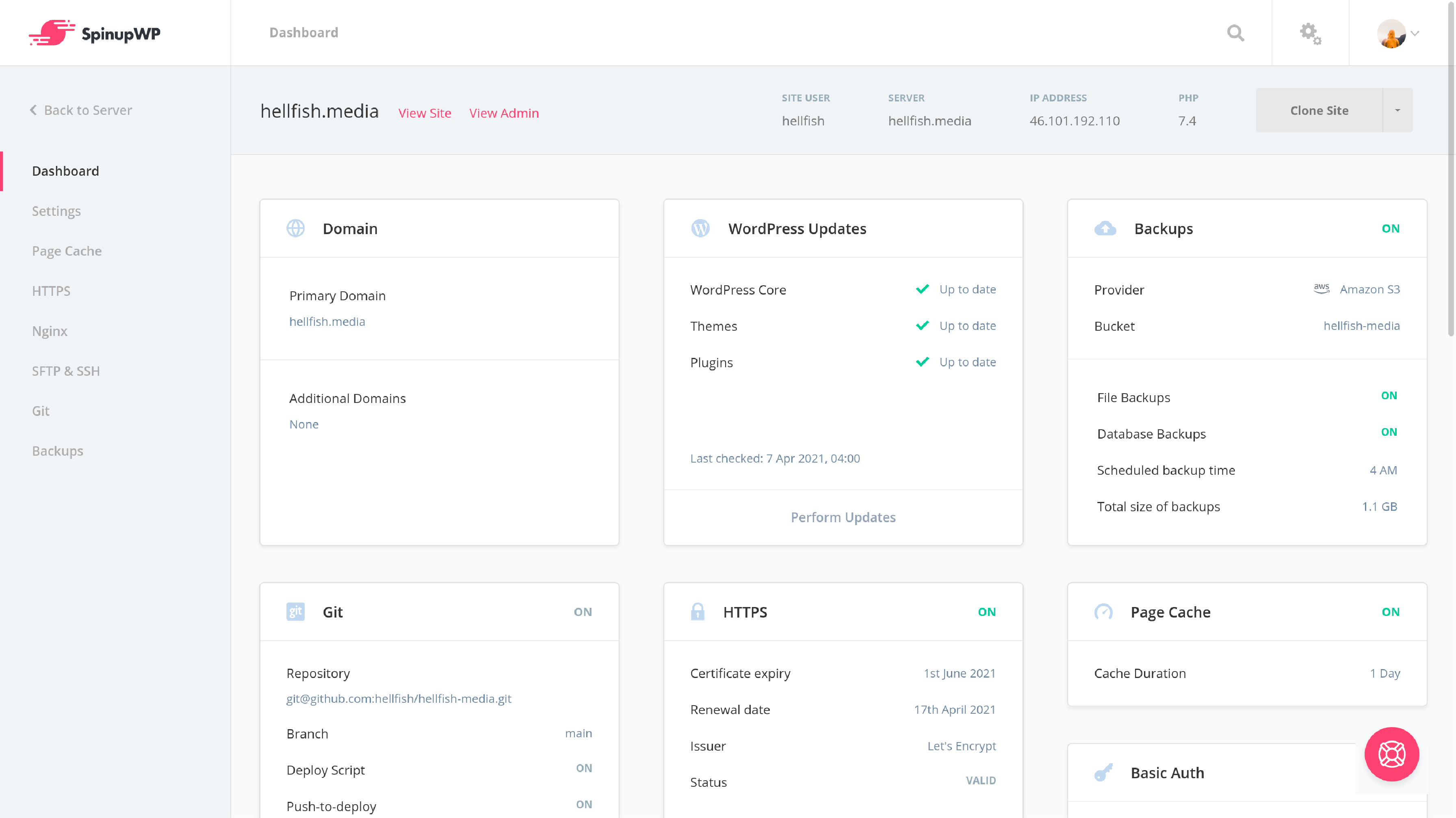 SpinupWP Dashboard showcasing fast and easy WordPress server management features