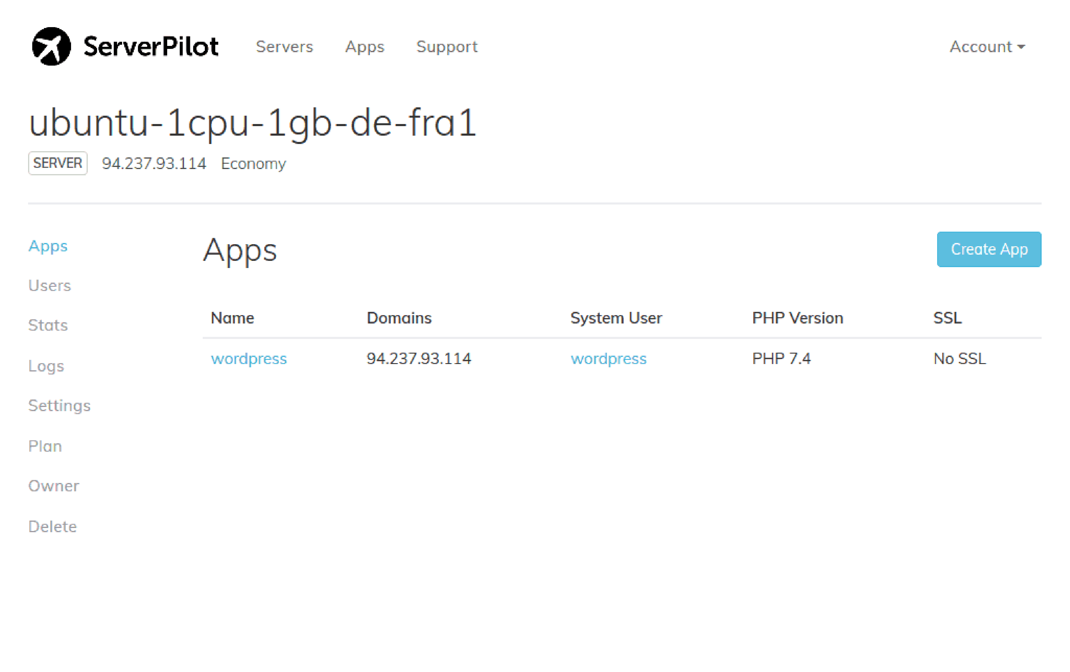 ServerPilot Dashboard displaying streamlined WordPress server deployment features