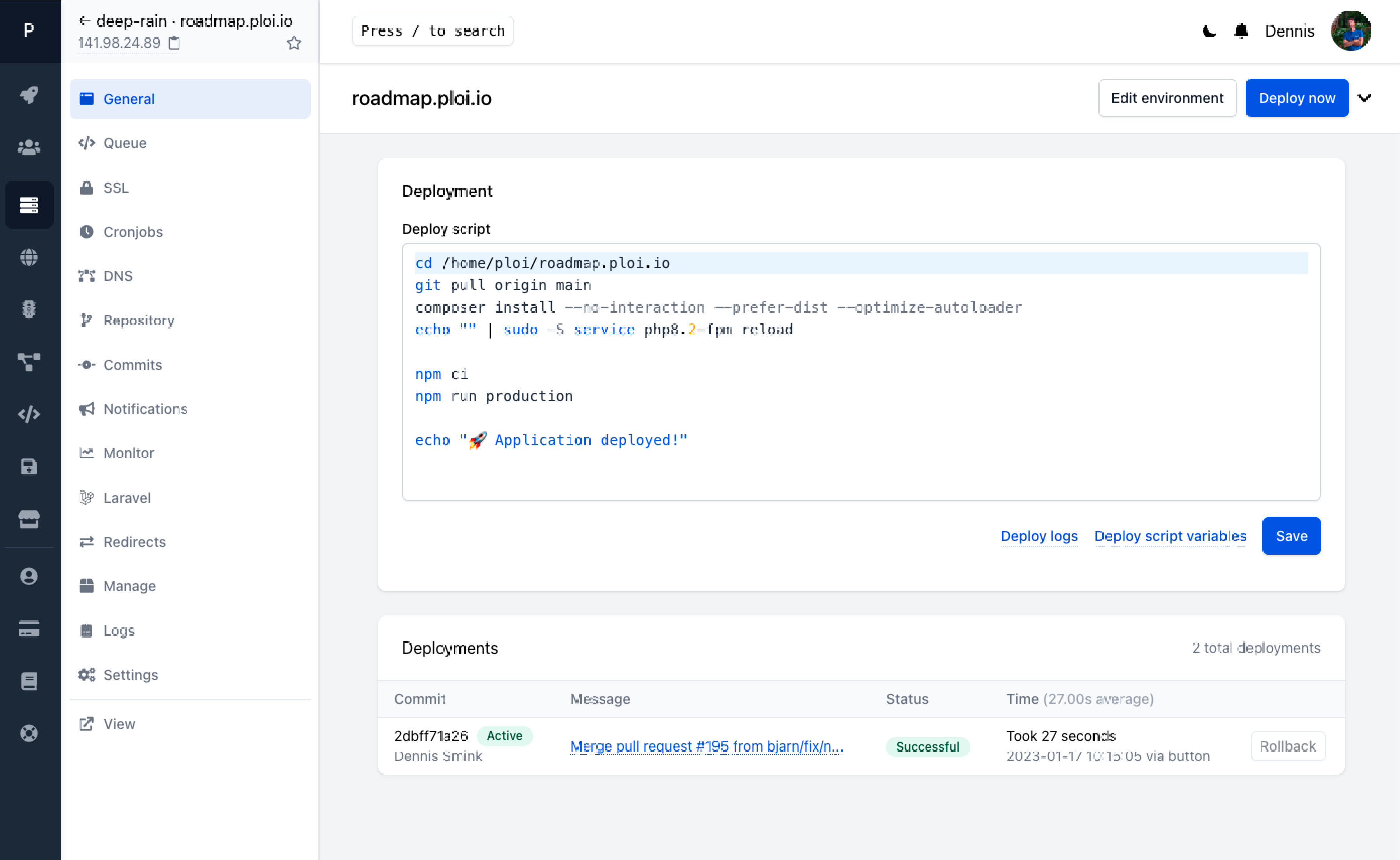 Ploi.io Dashboard showing WordPress site management features