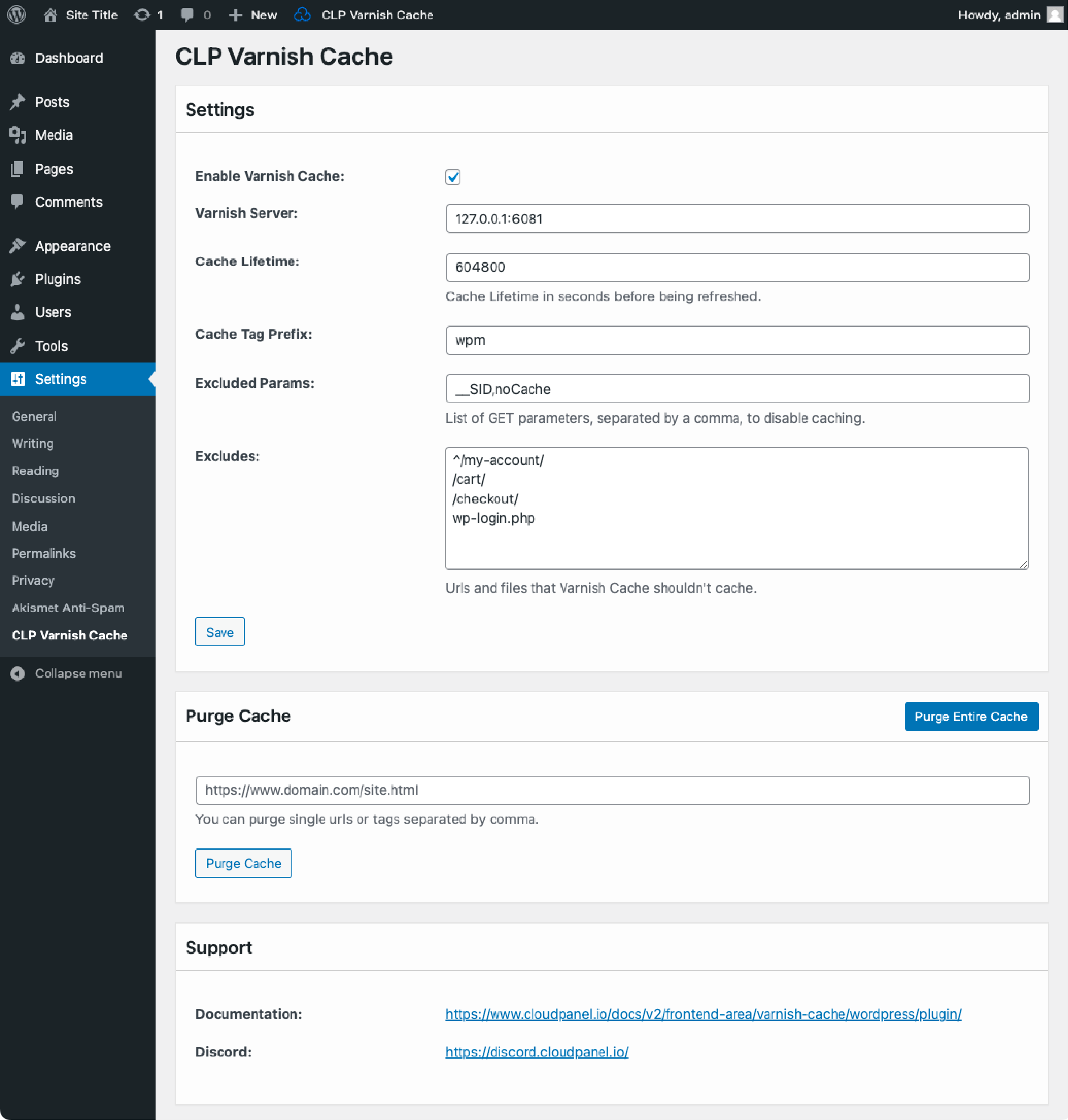 Settings for the CLP Varnish Cache Plugin in WordPress to enhance site speed