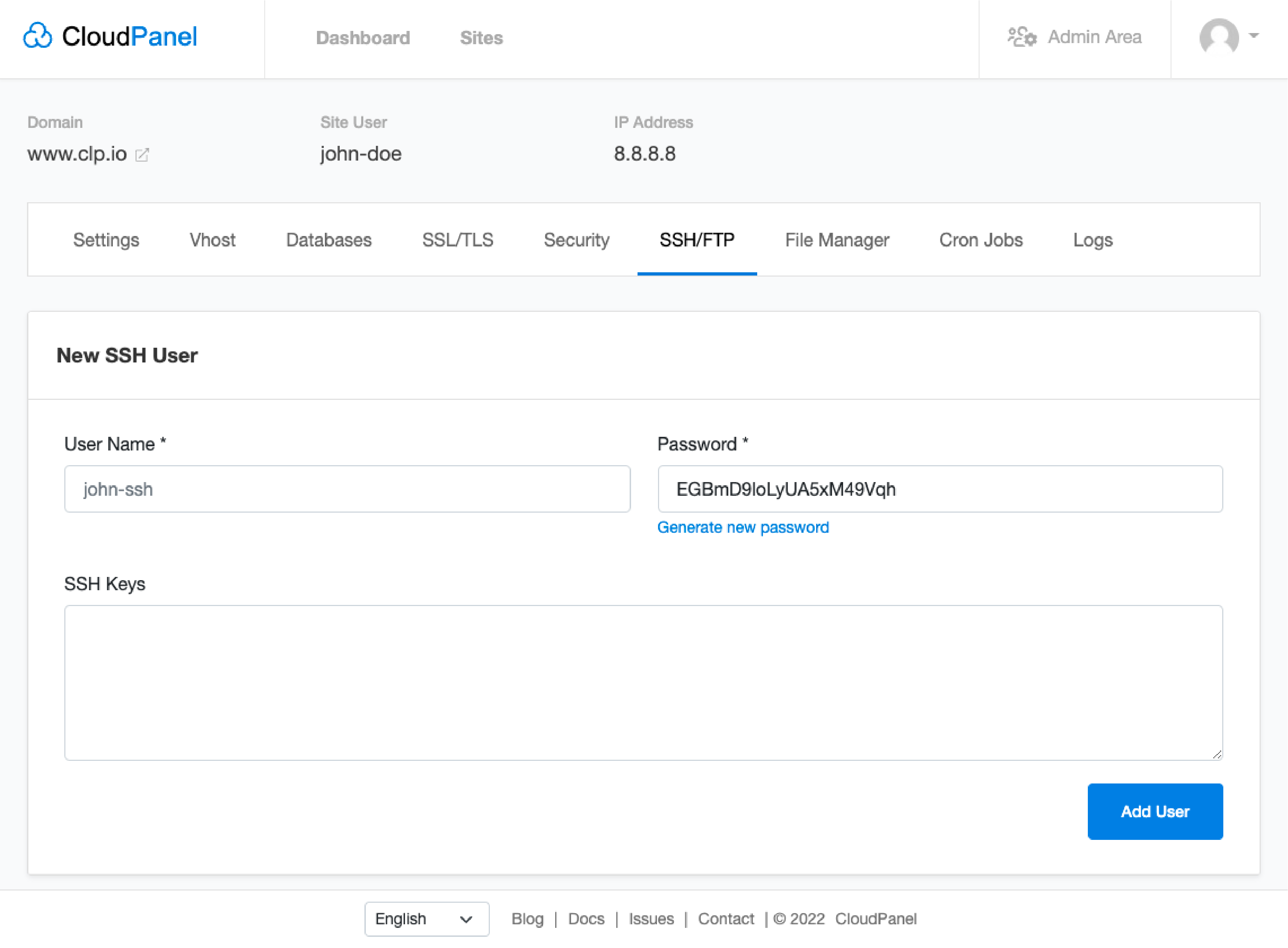 Adding SSH user in CloudPanel