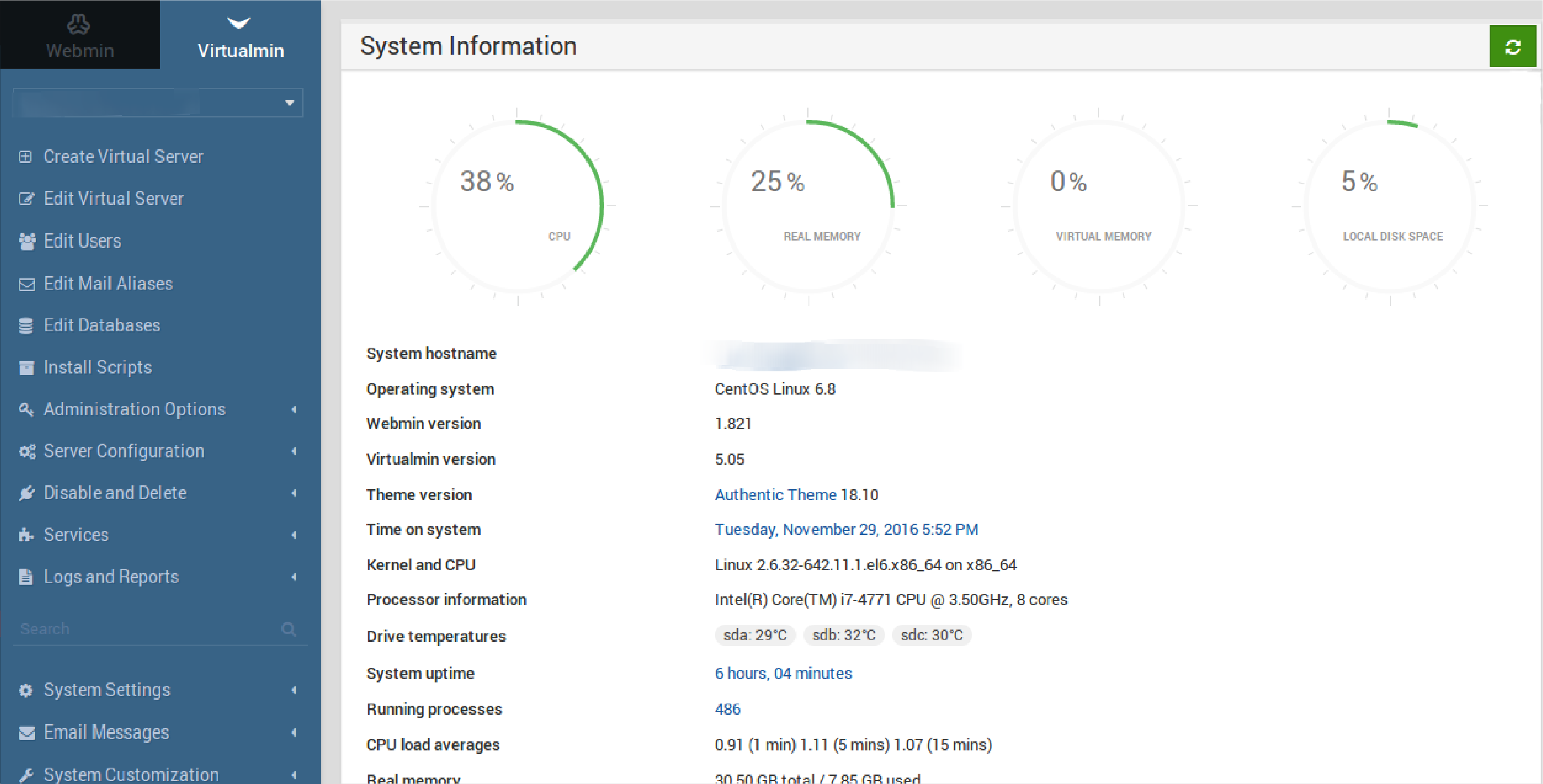 Virtualmin dashboard emphasizing user-friendly server tasks.