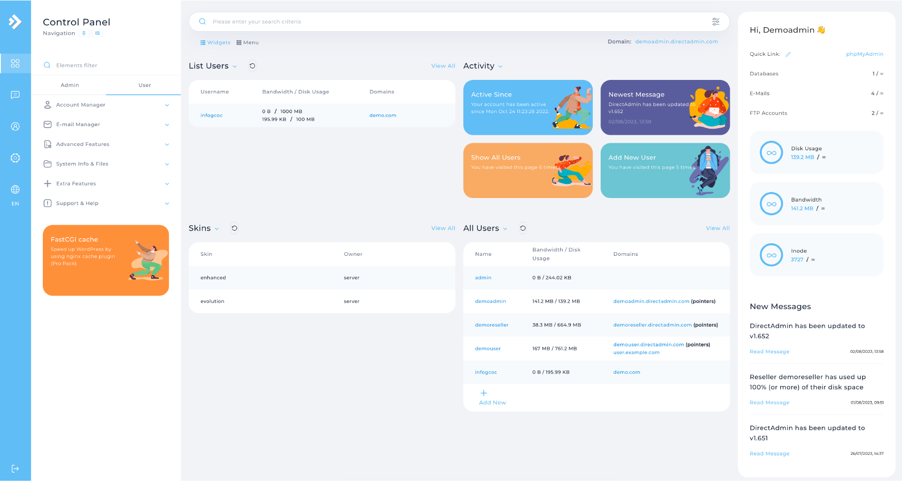 DirectAdmin dashboard showcasing website management tools.