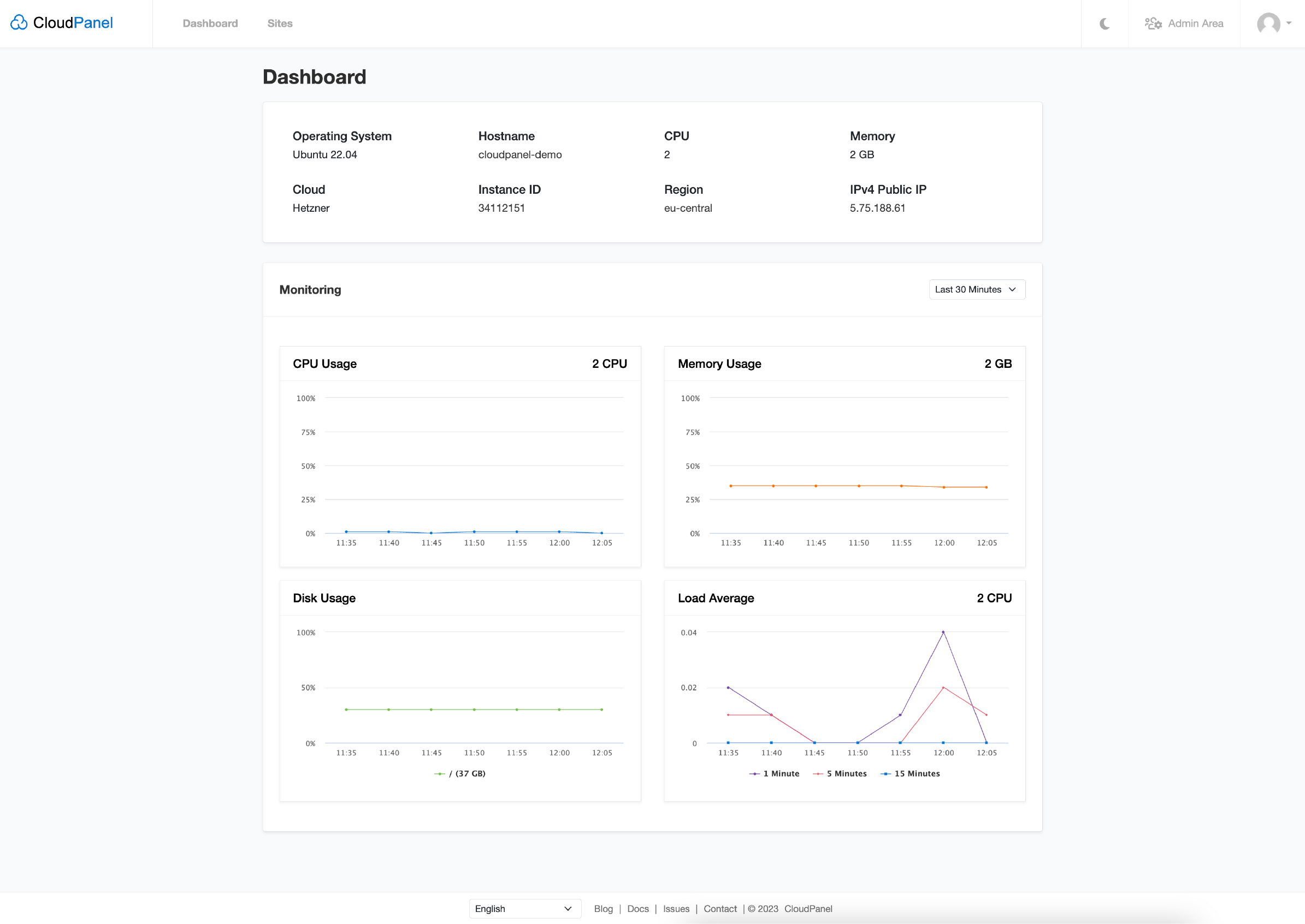 Server monitoring and reporting interface in a hosting control panel.