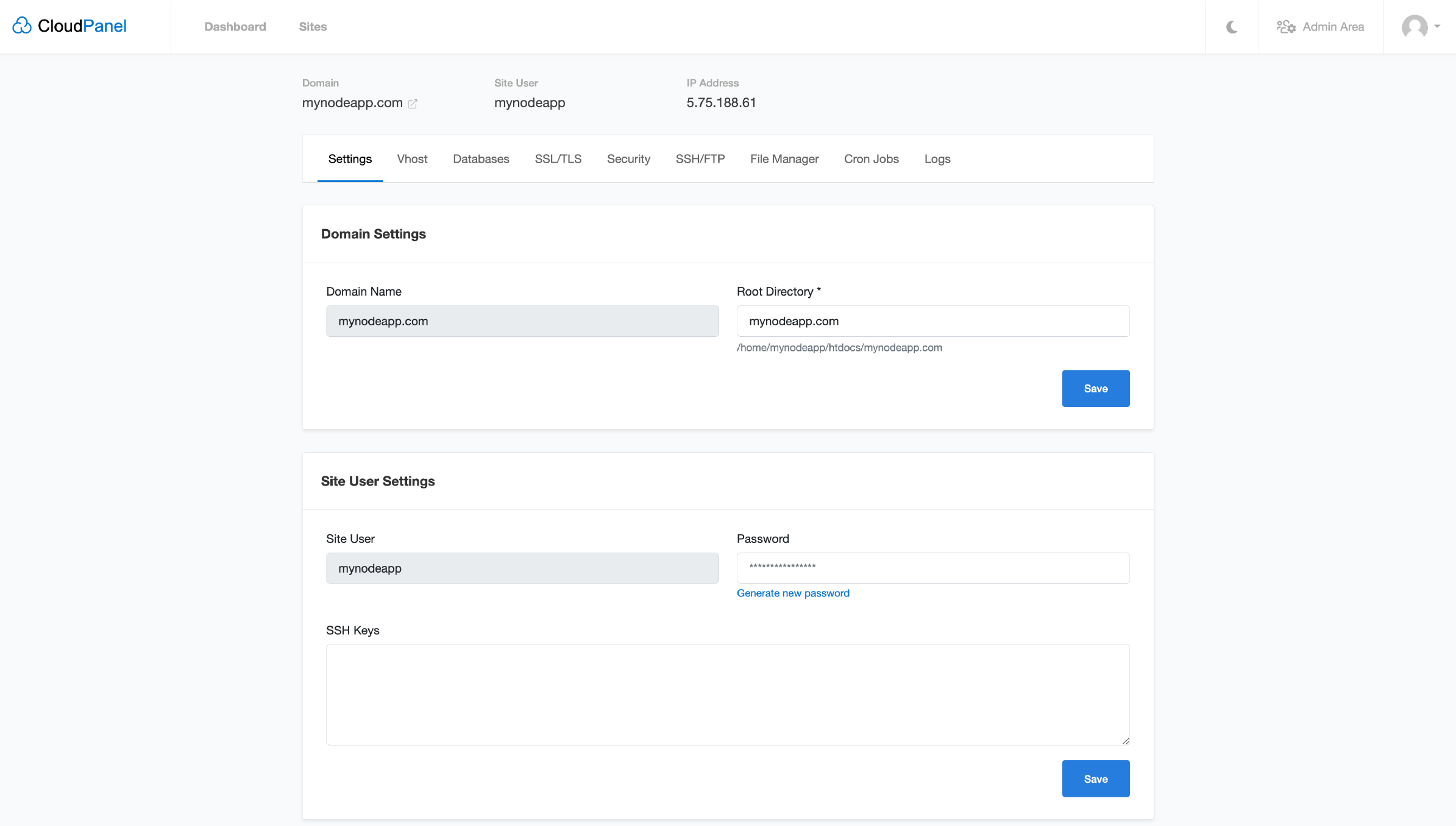 Interface for managing domains and sub-domains in a control panel.