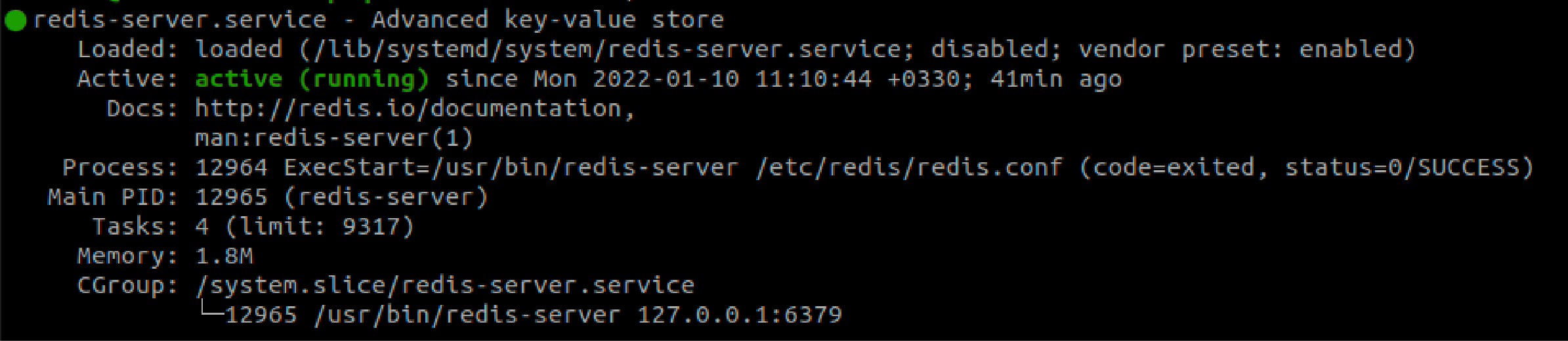 Command line display showing the status of the Redis service on Ubuntu.