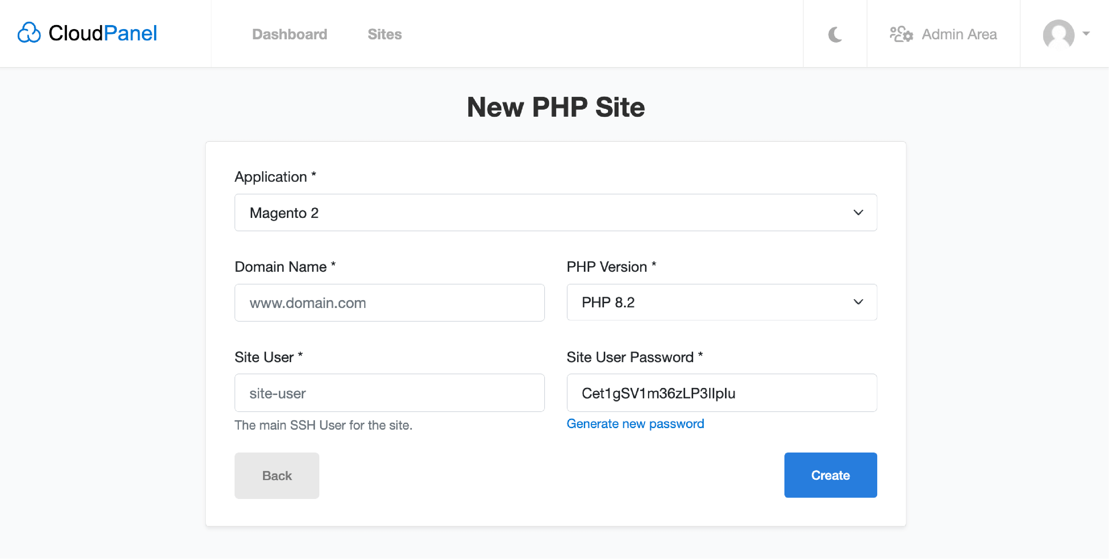 Detailed view of CloudPanel's new PHP site setup features for Magento hosting