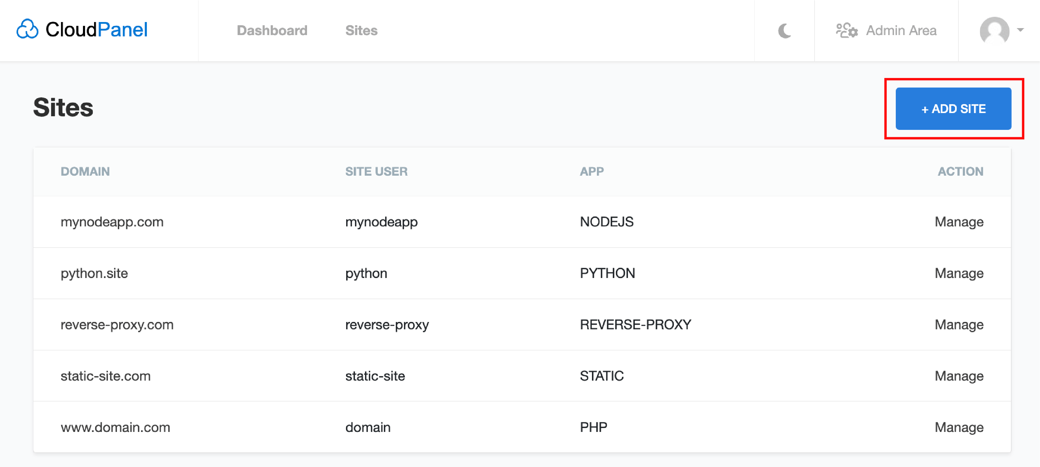 CloudPanel web interface showing the 'Add Site' option for Magento setup