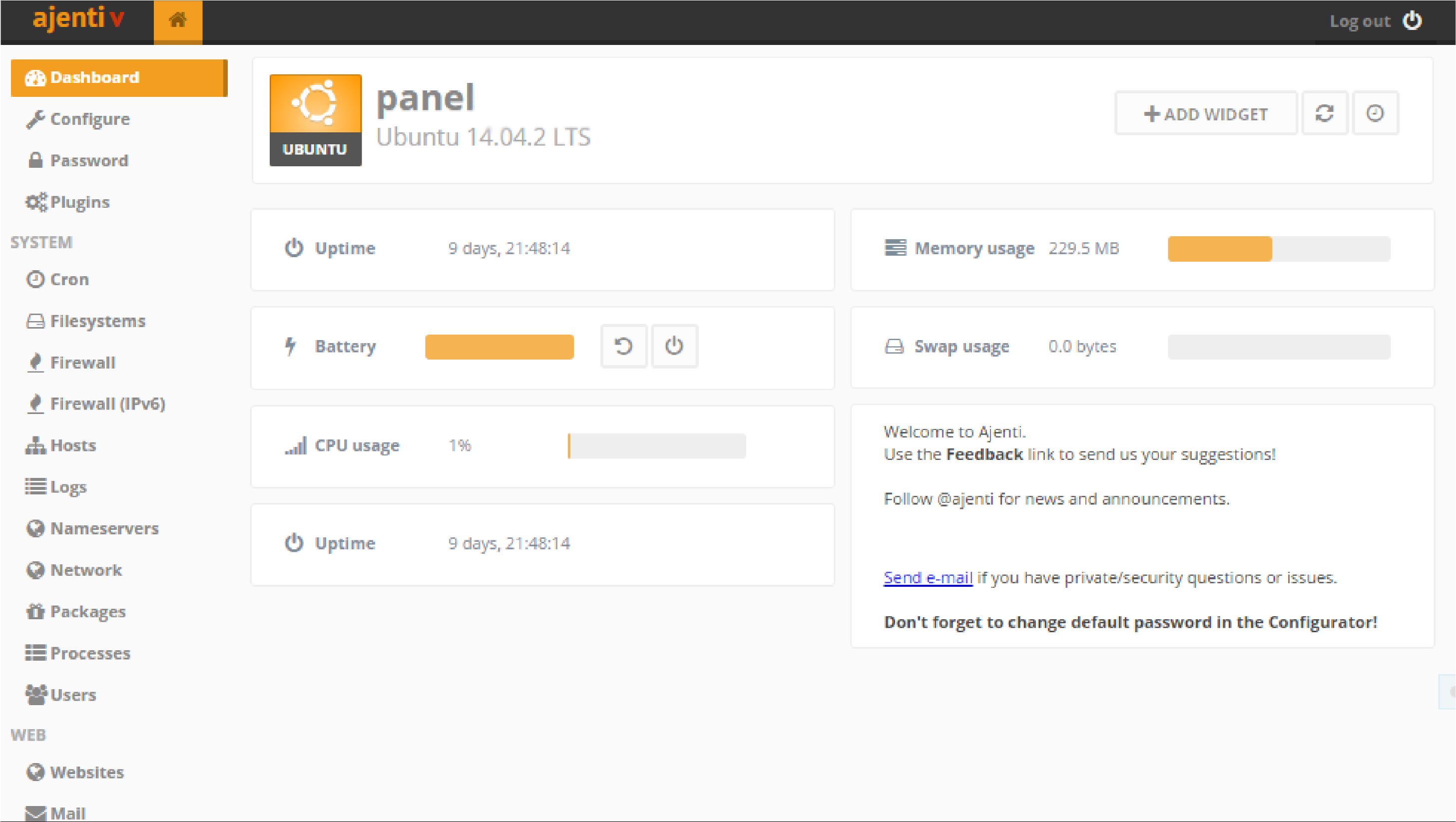 Ajenti's interface showcasing its server management capabilities.