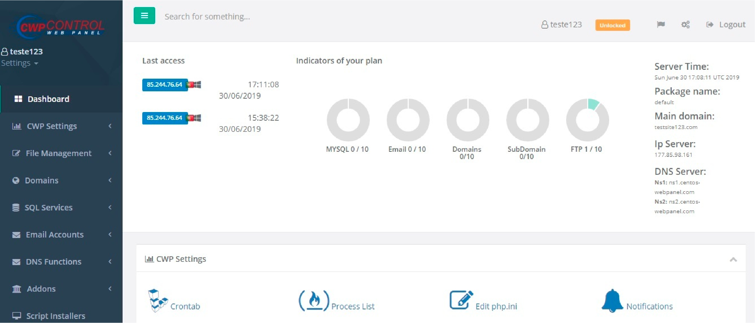 CWP dashboard displaying its robust server management features.