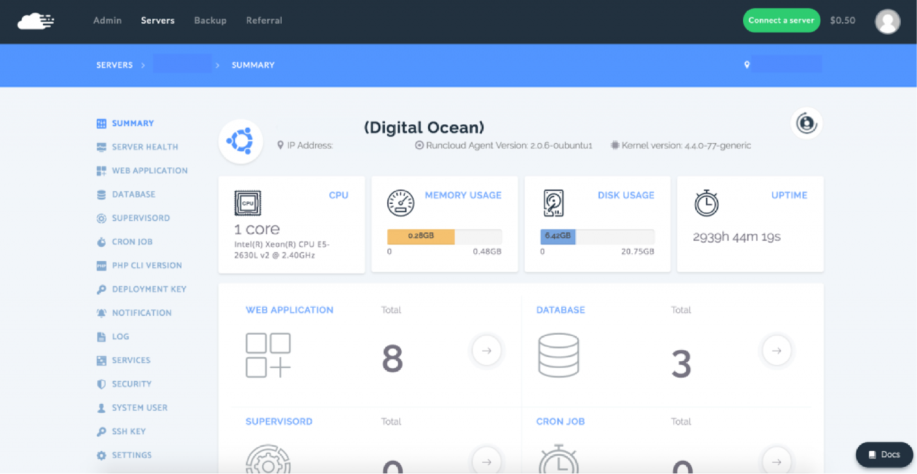 RunCloud's dashboard for efficient cloud hosting control.