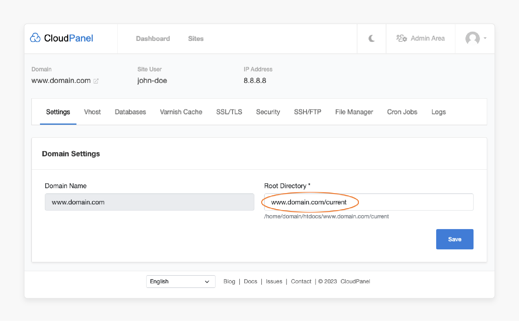 Setting the main directory for CloudPanel platform