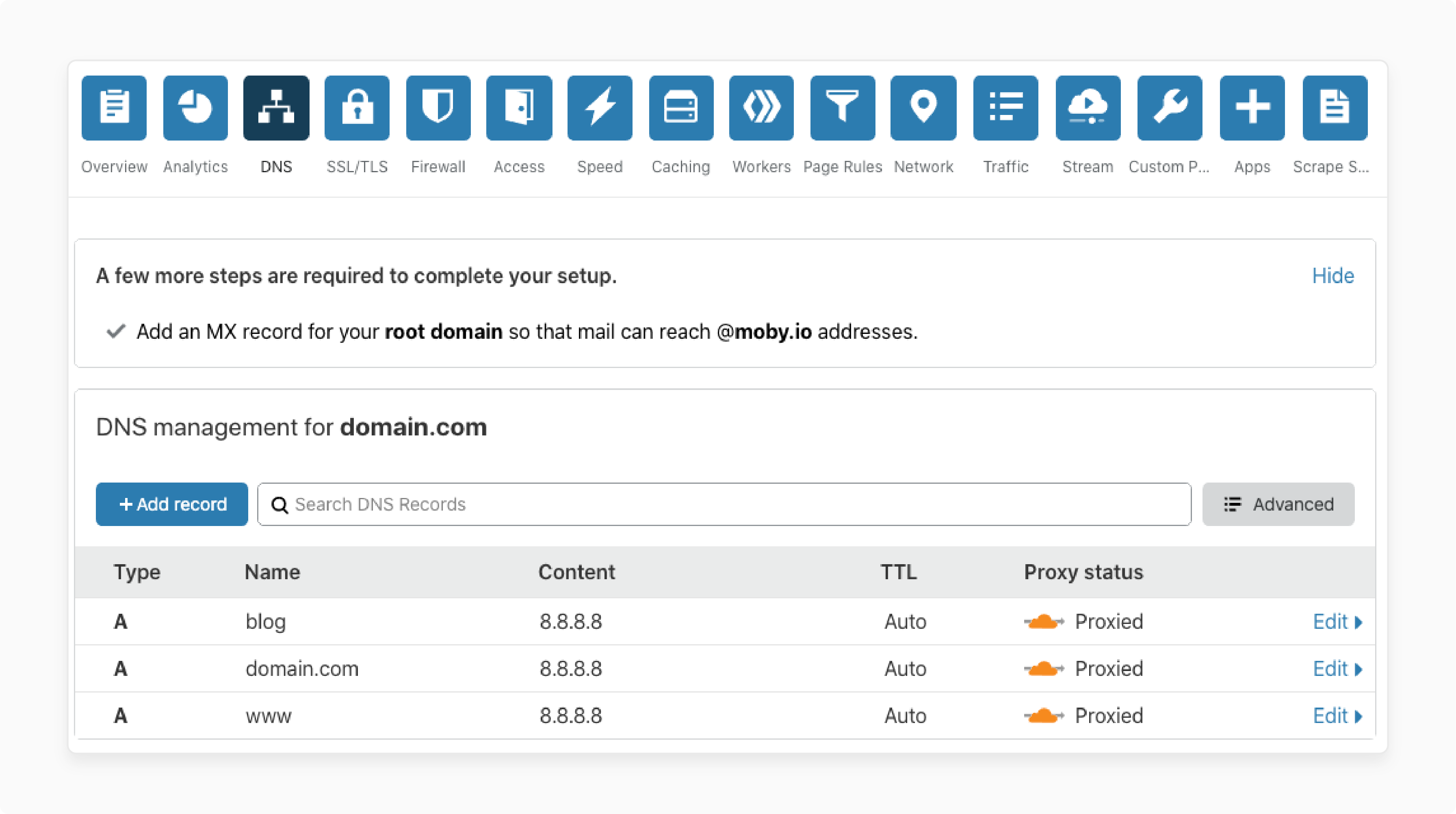 cloudflare dns management interface with domain a record setup