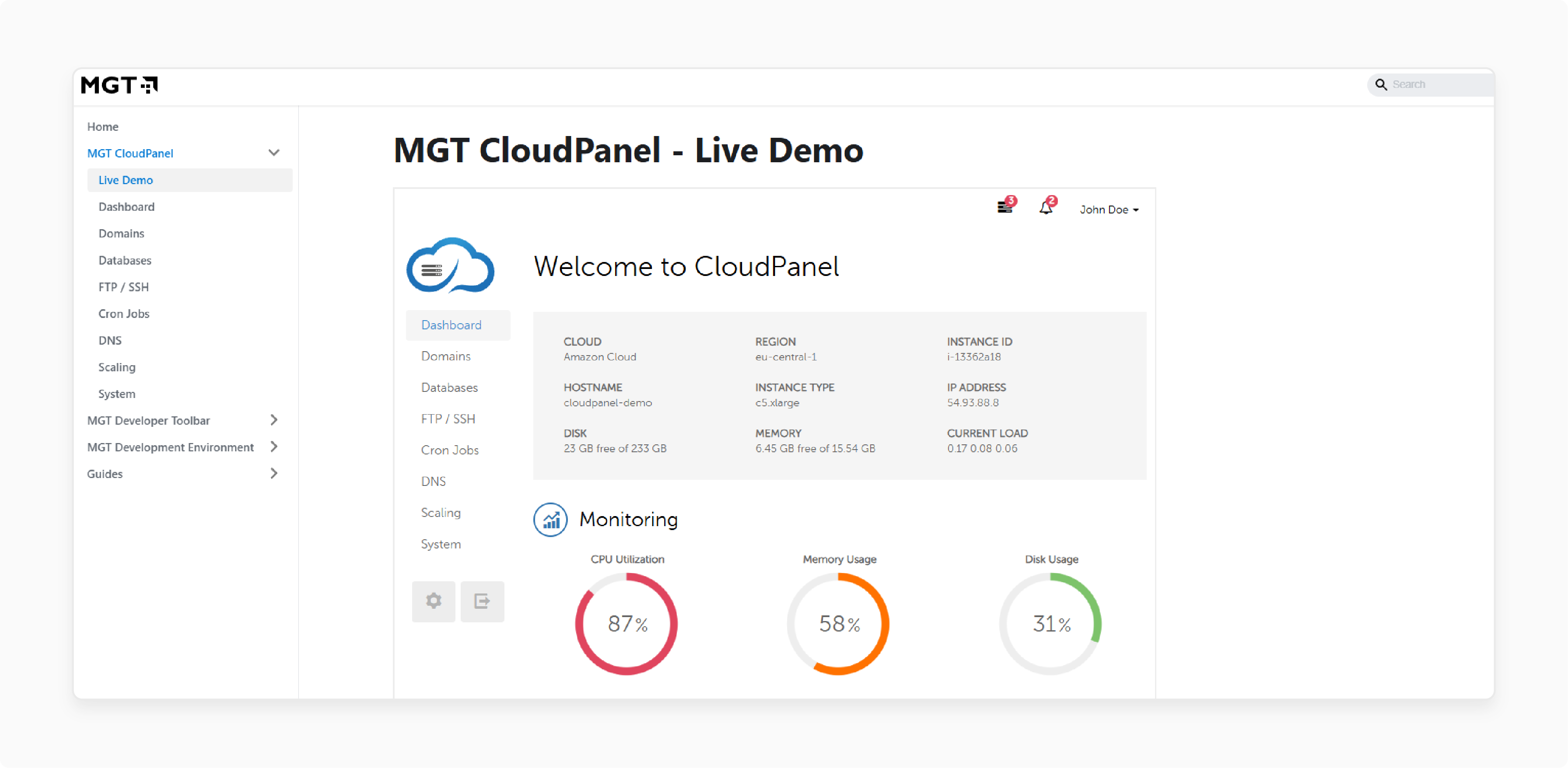 CloudPanel demo offering a free environment to test server management features