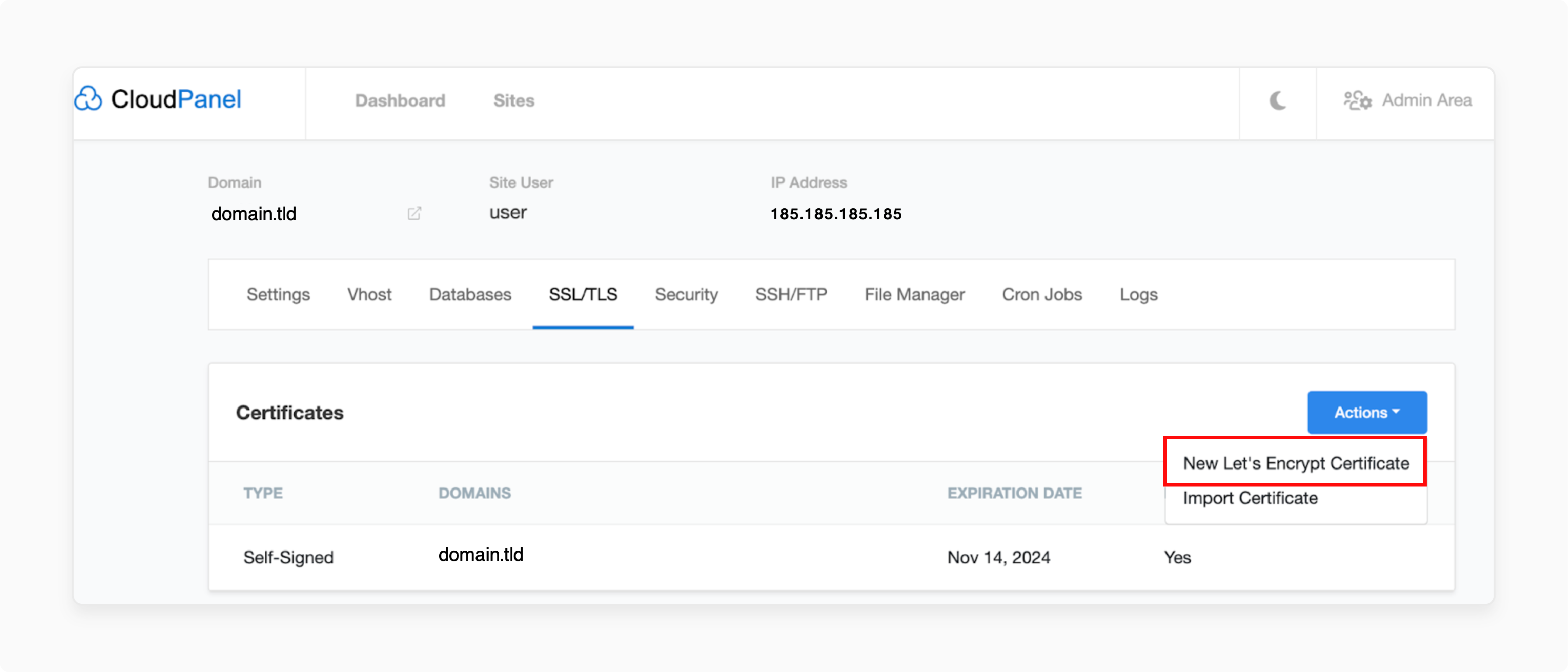 cloudpanel ssl setup for let's encrypt certificate with domain dns configuration