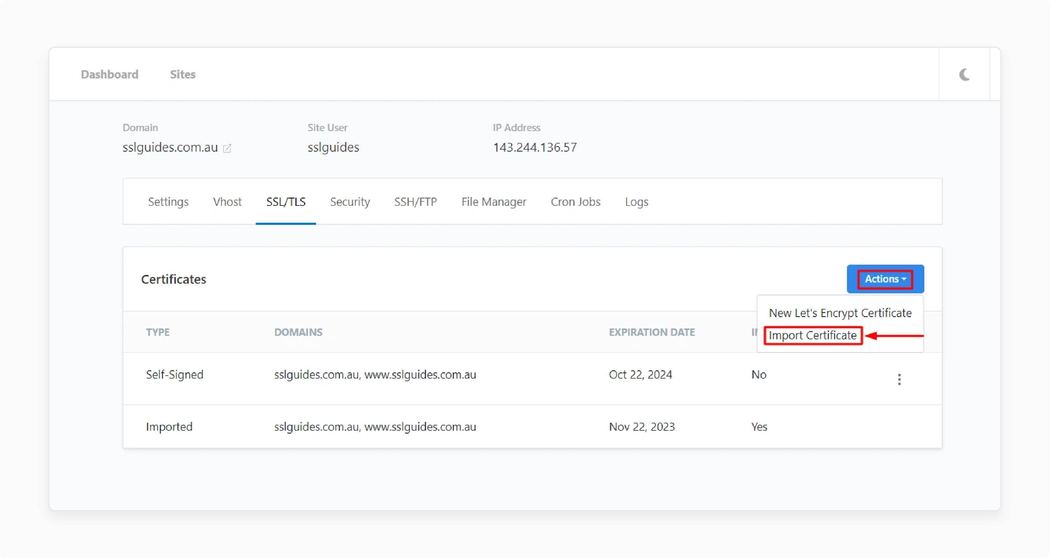 cloudpanel interface for importing and installing a purchased ssl certificate