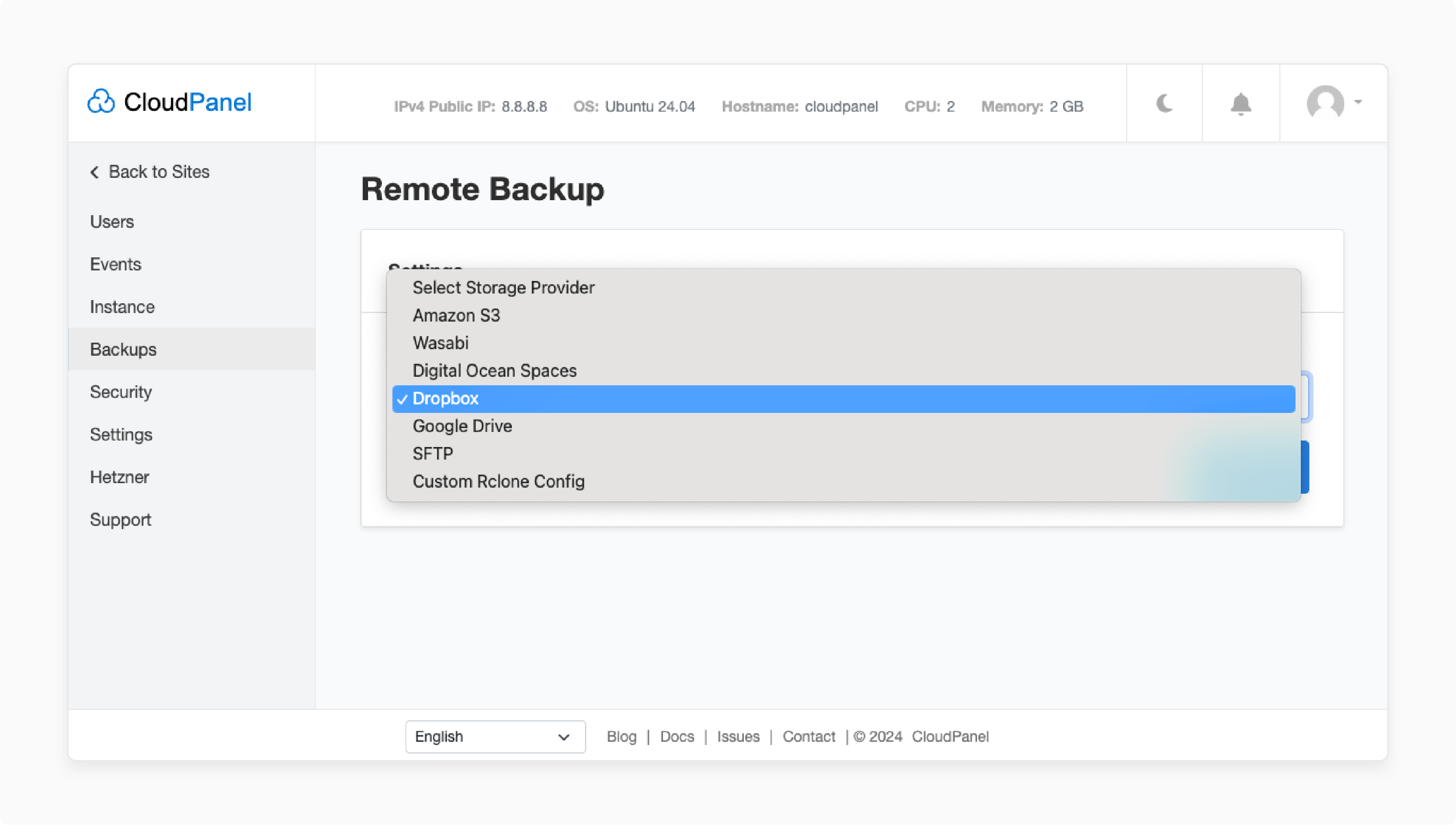 configuring dropbox for remote backup in cloudpanel with frequency and retention settings