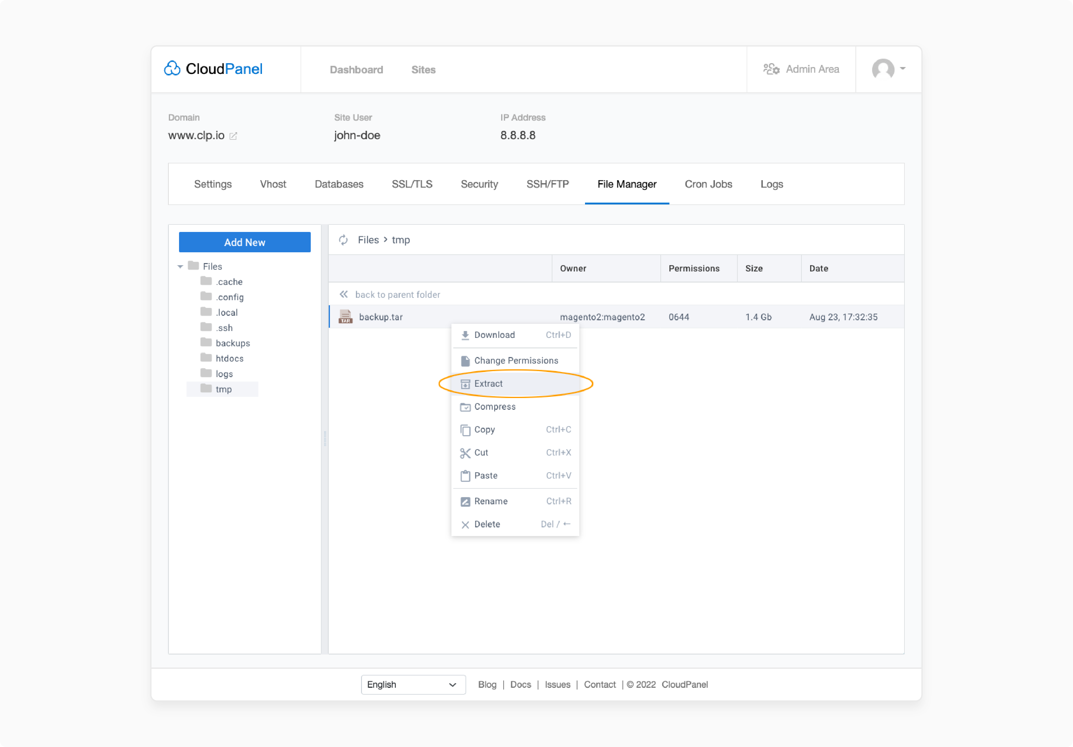 general backup restore process in cloudPanel dashboard with scp and rsync options