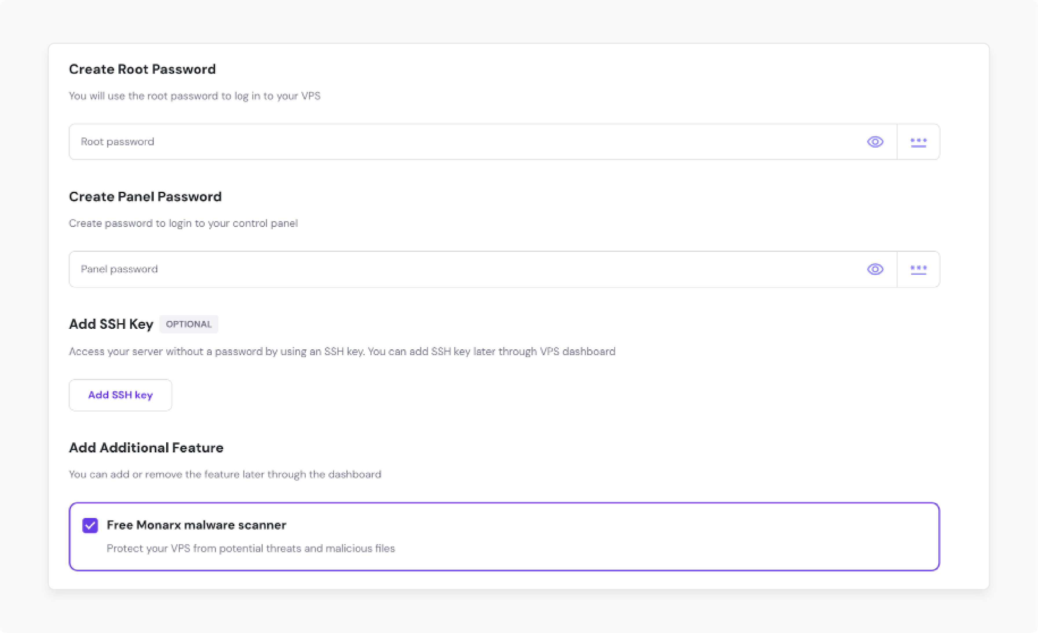 cloudpanel vps root password, control panel password setup, and ssh key configuration with malware scanning option