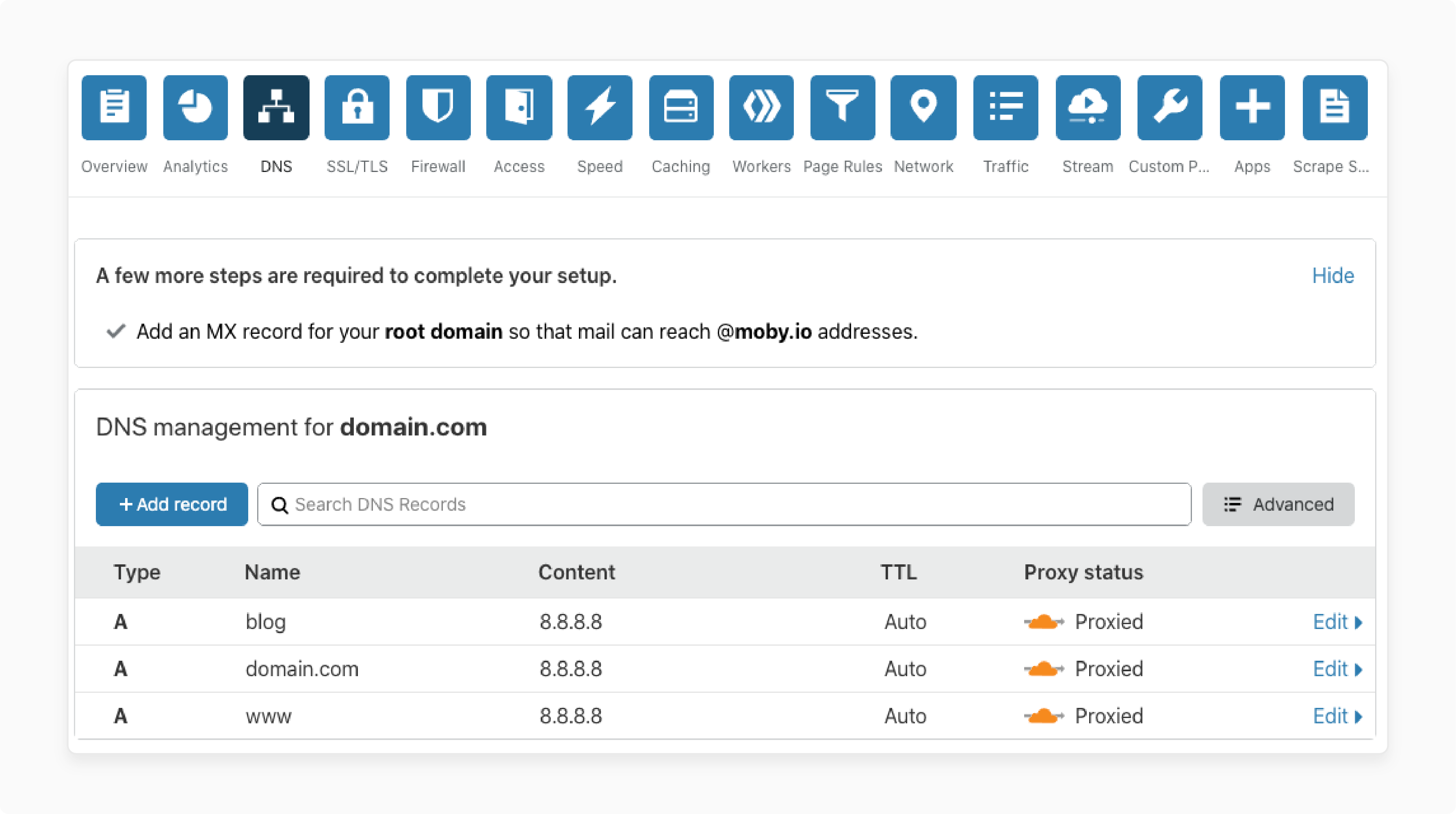 Editing DNS records in CloudPanel to resolve Cloudflare Error Code 521