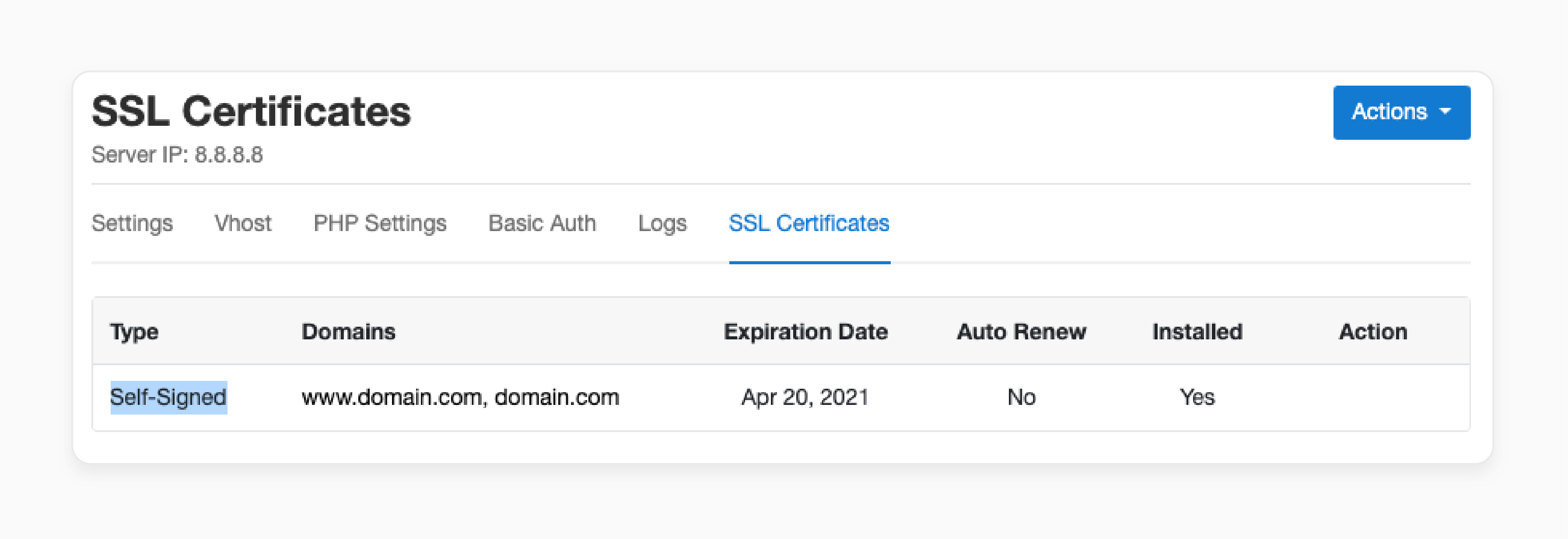 Add subdomain screen in CloudPanel