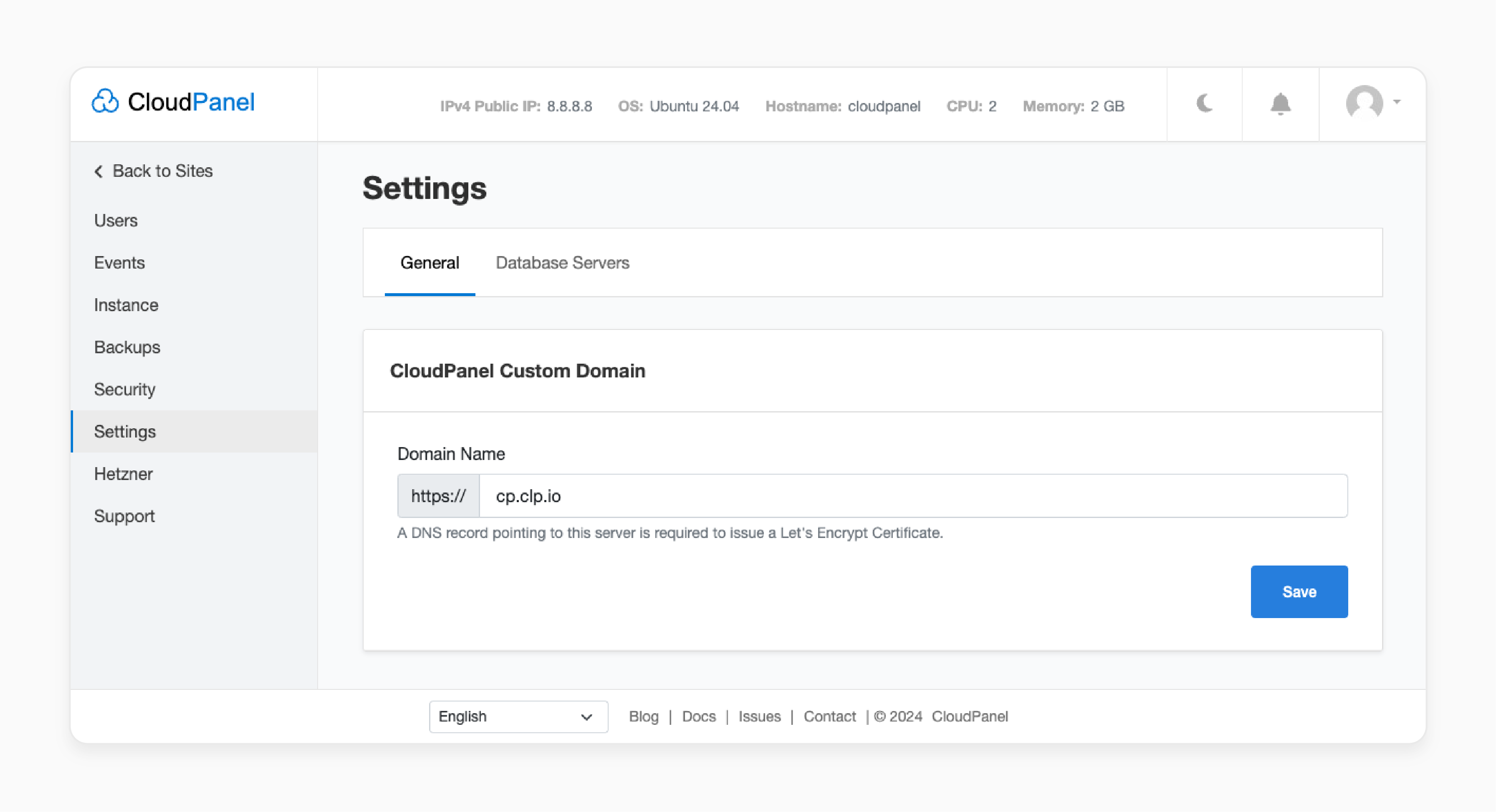 cloudpanel settings screen showing where to input your custom domain name