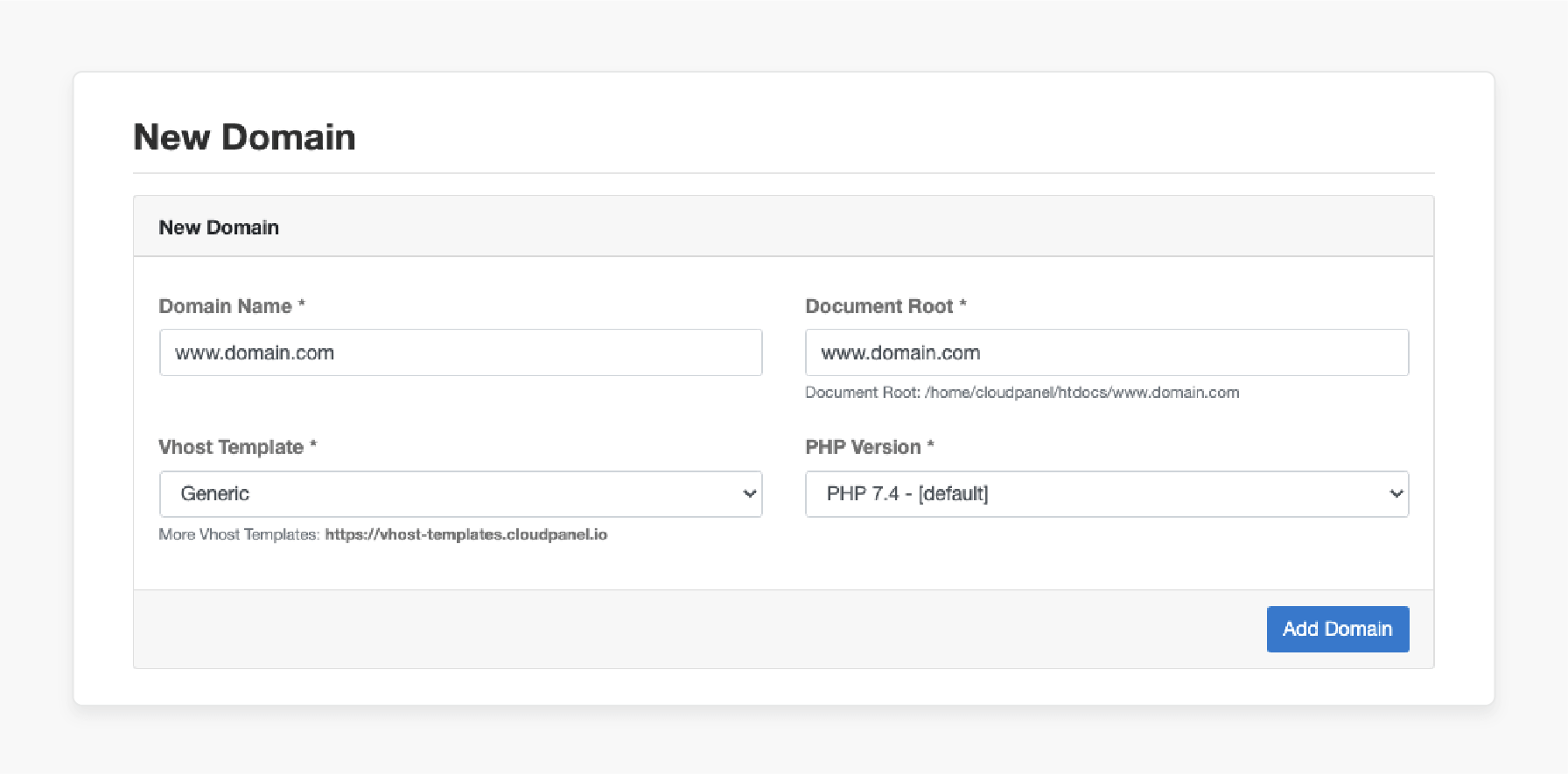 custom domain and port setup form in cloudpanel with user-defined values for site, port, and php version