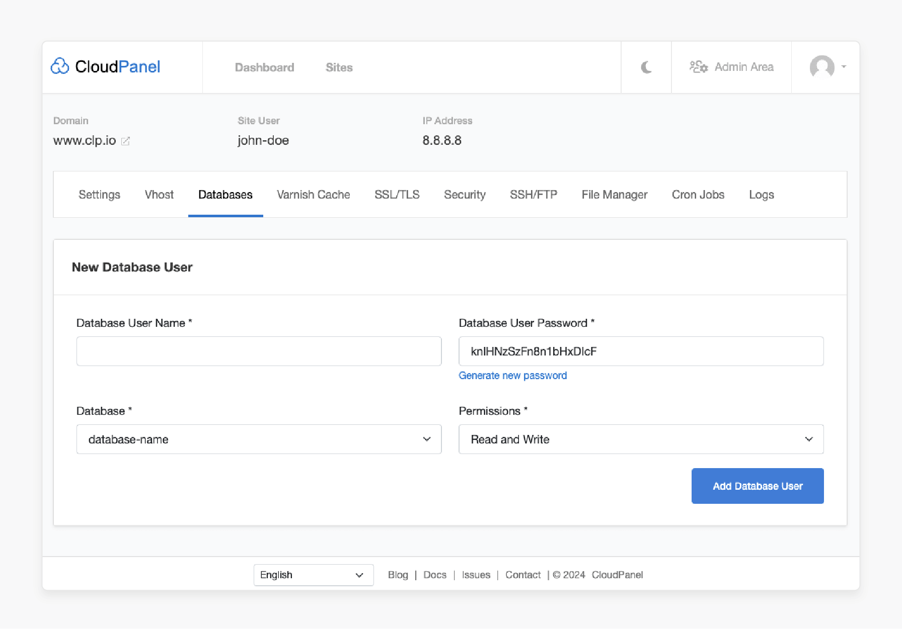 creating secure database users in cloudpanel with role-based permissions and complex passwords