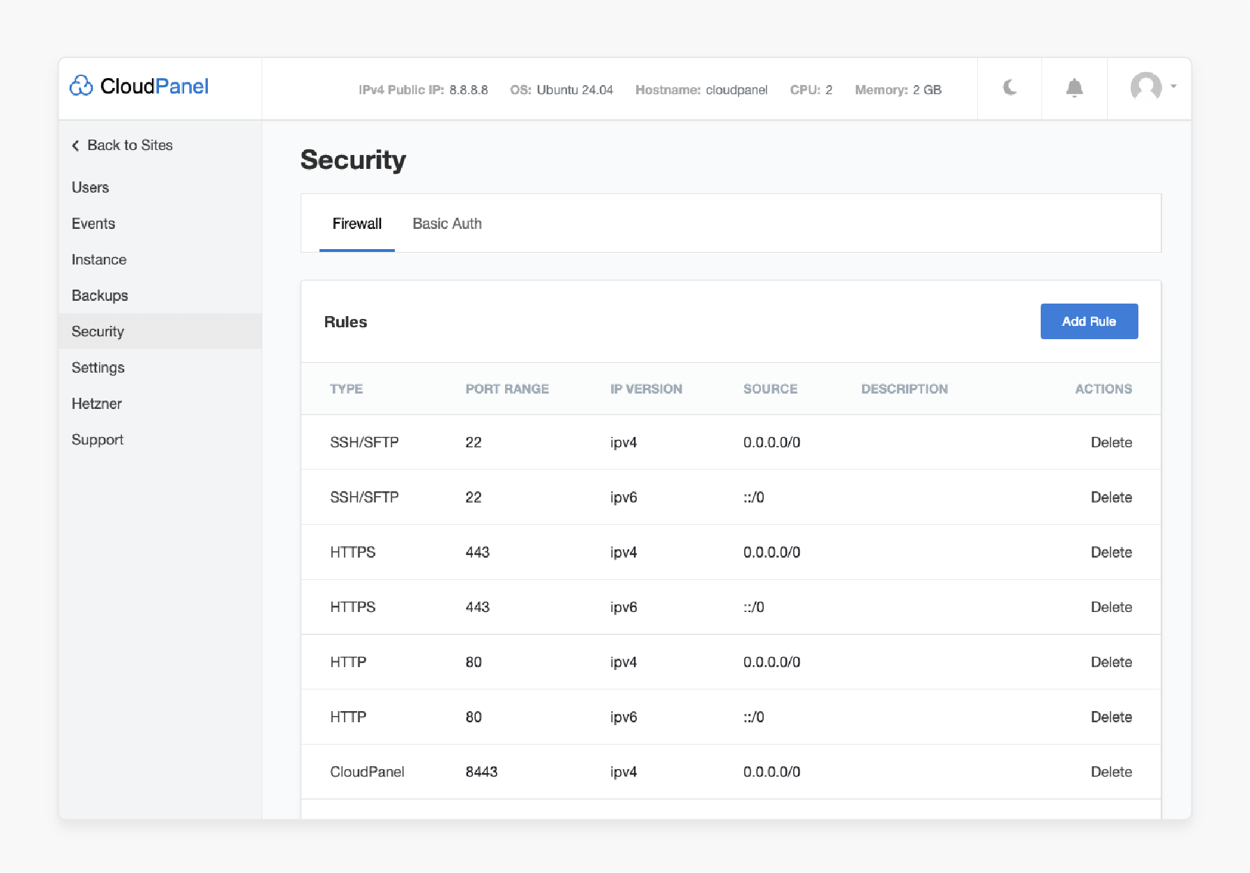 cloudpanel firewall settings interface to configure ip whitelisting for secure remote database access