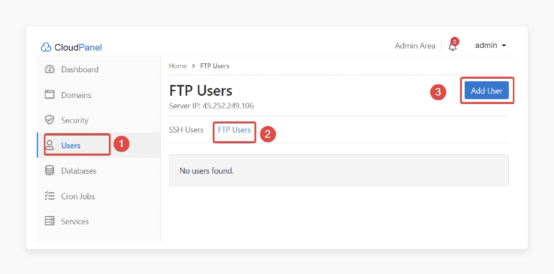 create new ftp account in cloudpanel through users section for secure file access