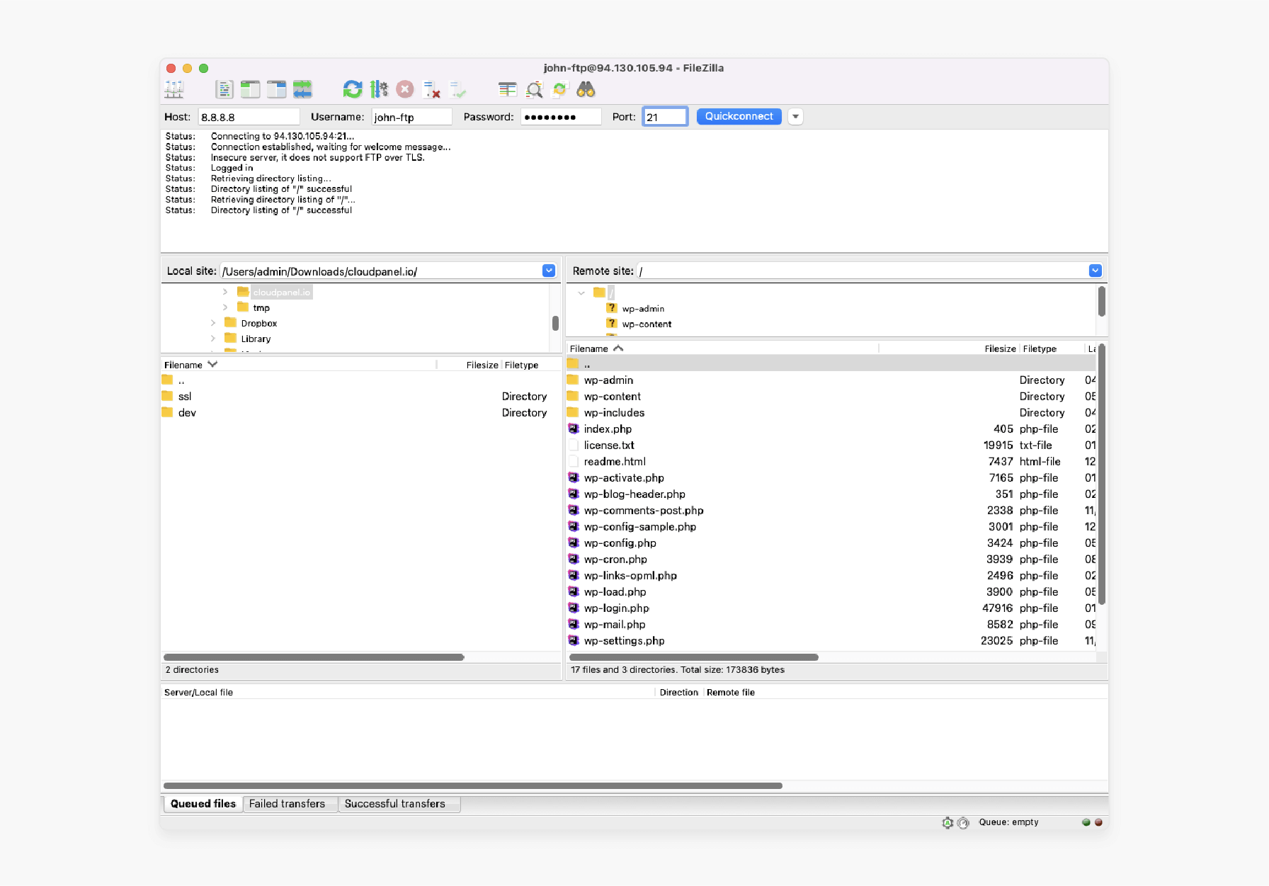 cloudpanel showing ftp connection details including host, username, and port