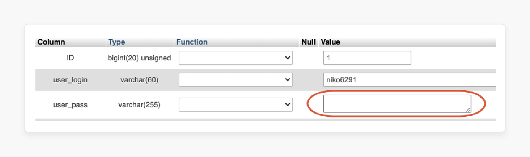 Password field cleared in table