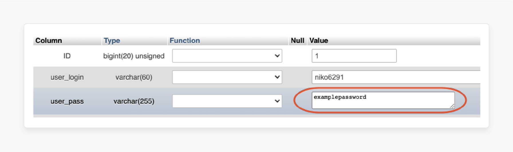Function dropdown for password hash