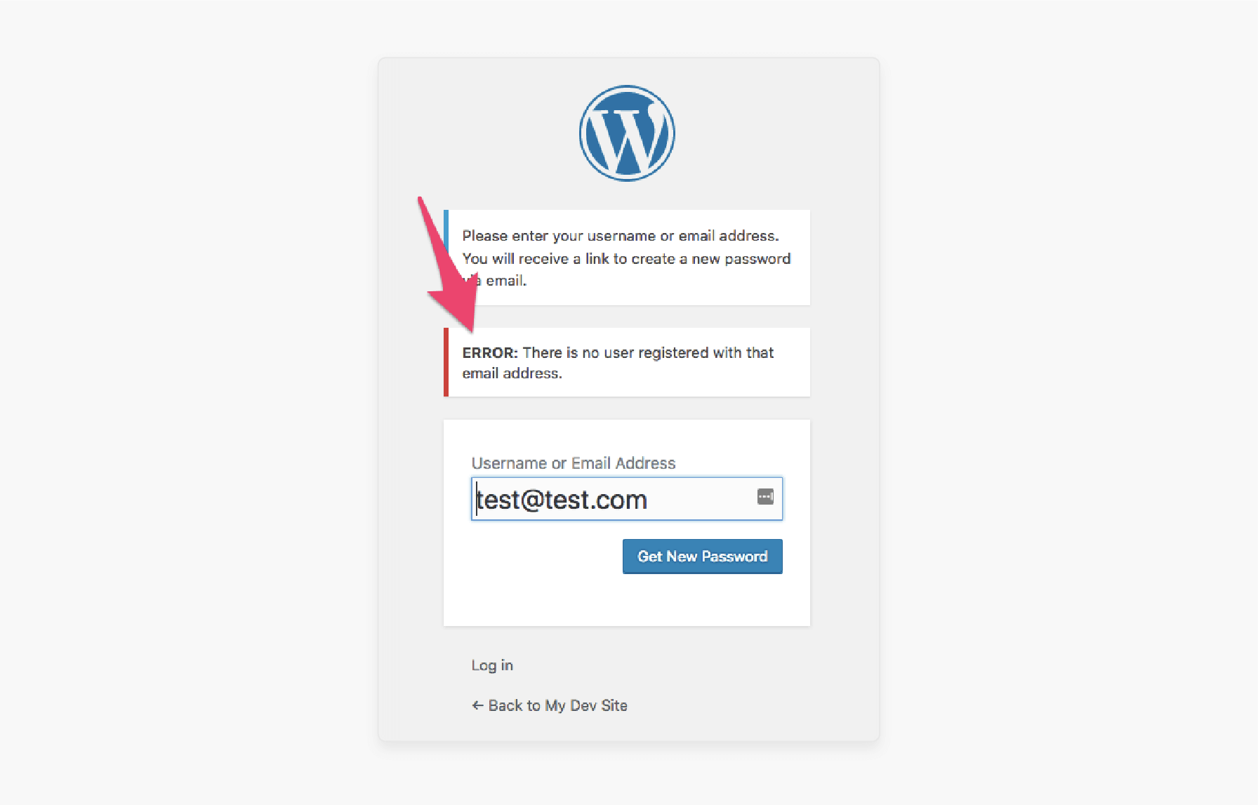 Invalid username reset error shown