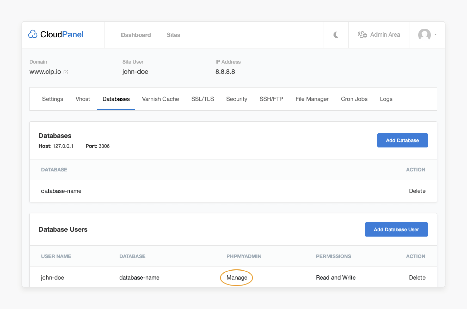 Databases section in CloudPanel panel