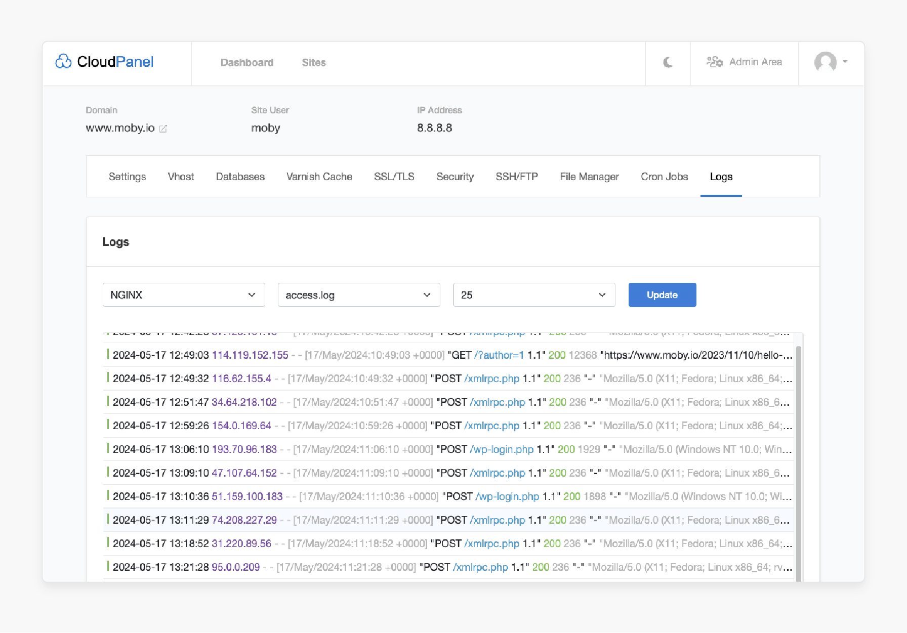file-based php error logging setup showing log file permissions and log rotation management in cloudpanel