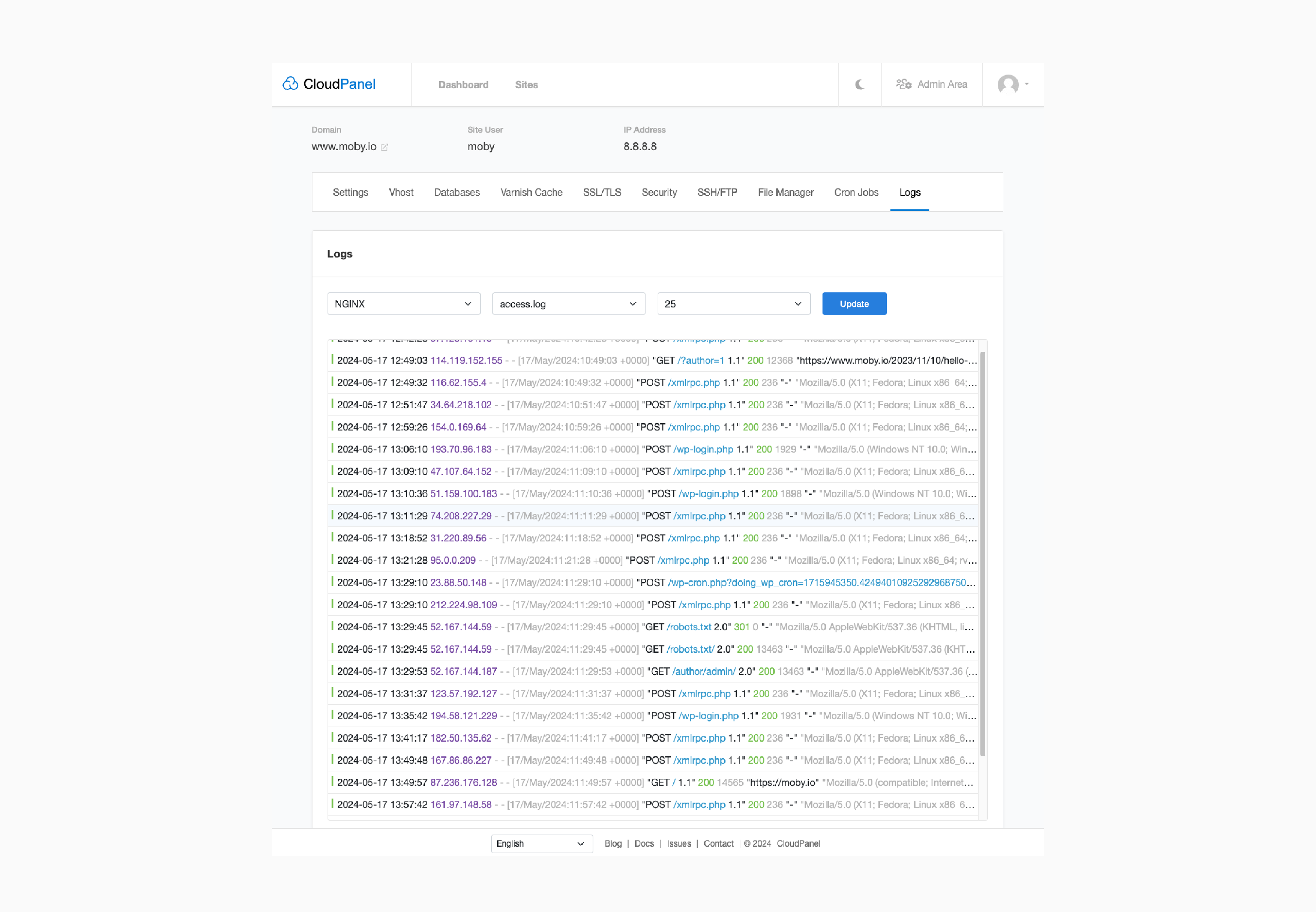 view and manage php log files in cloudPanel’s dashboard with access to real-time log monitoring and filtering