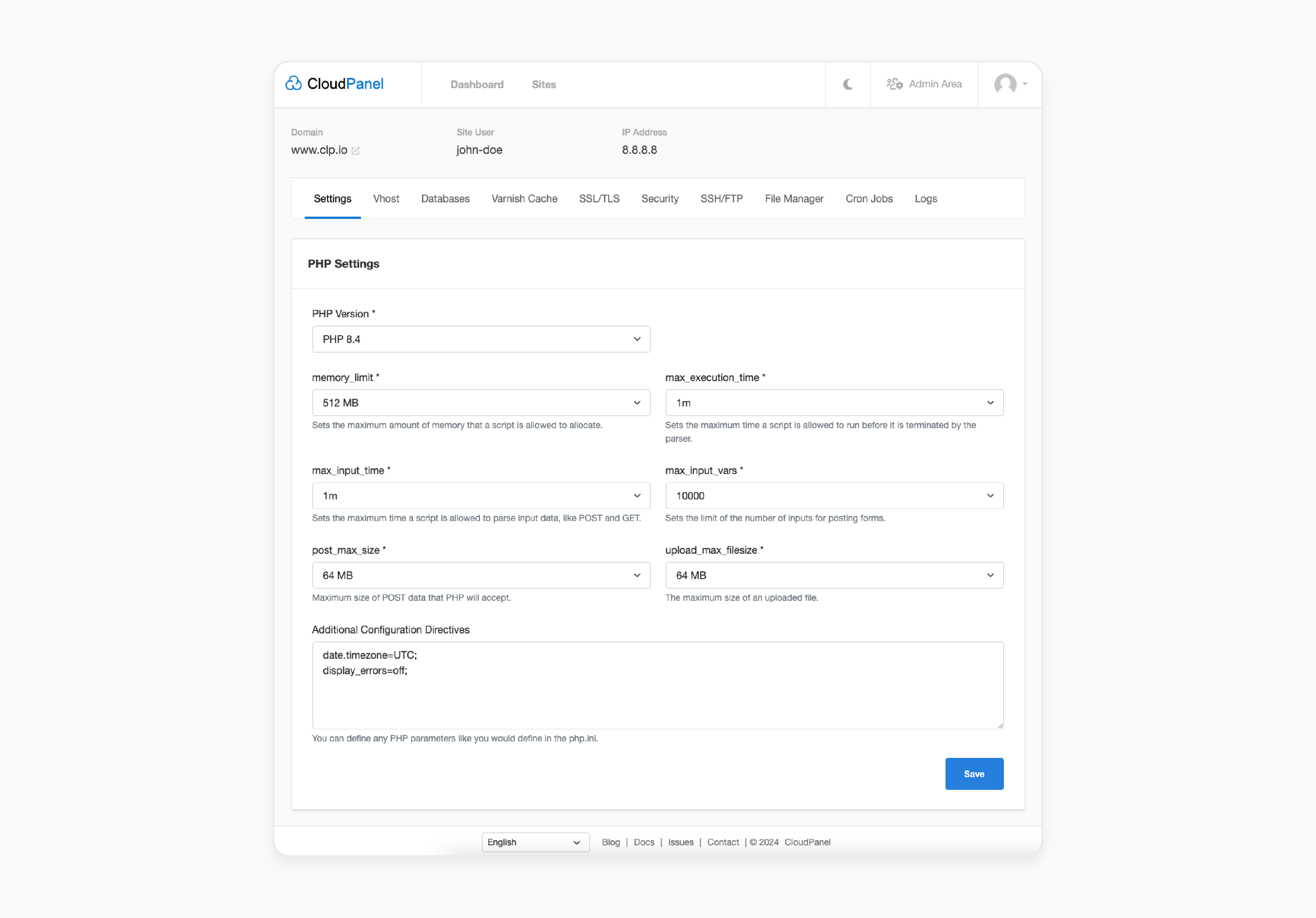 cloudpanel interface displaying php-fpm configuration settings including pm.max_children, max_requests, and process manager options