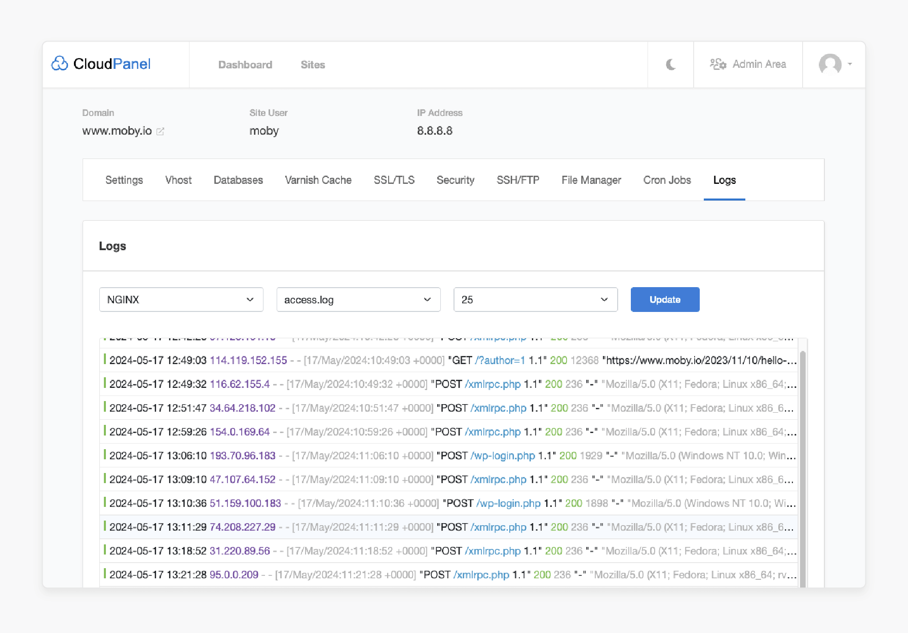CloudPanel log section for NGINX and PHP