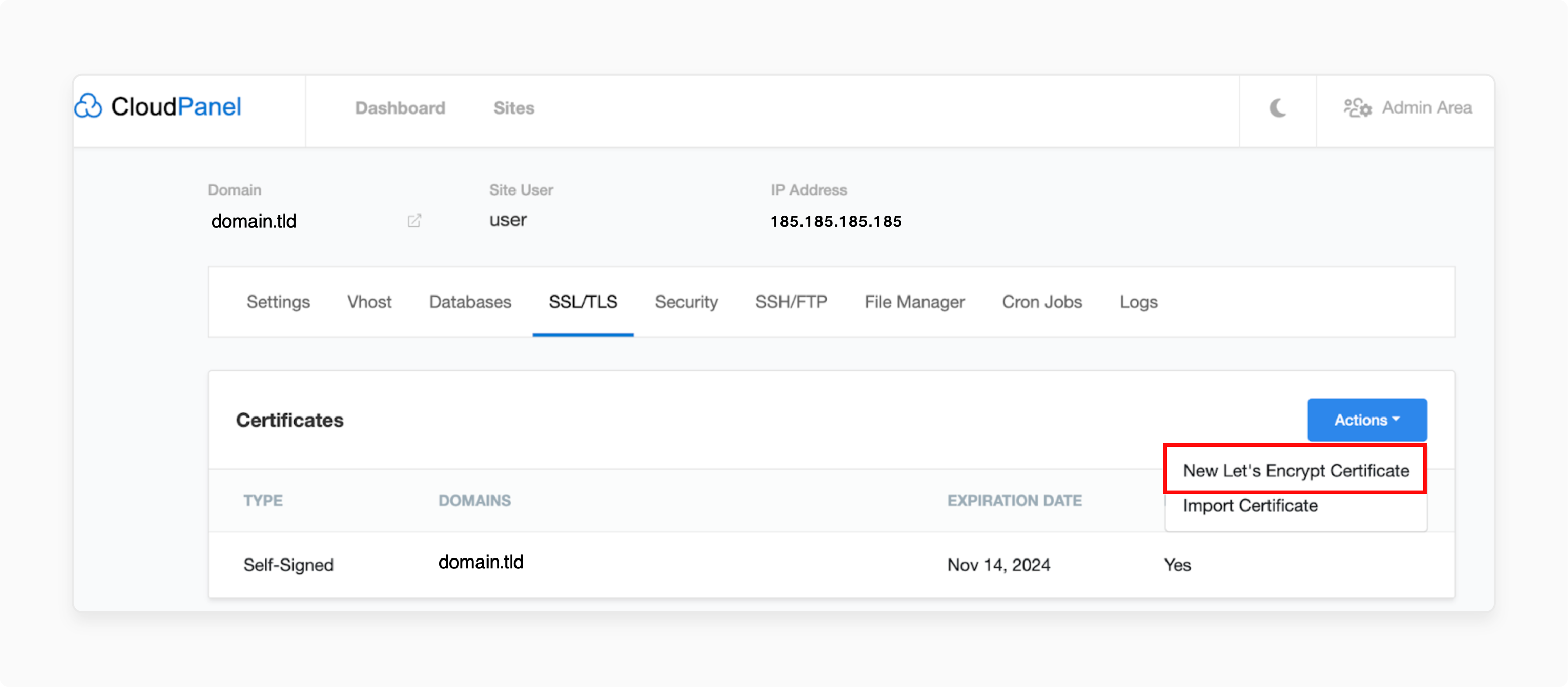 cloudpanel ssl/tls tab with option to issue a new let’s encrypt wildcard certificate for domain security